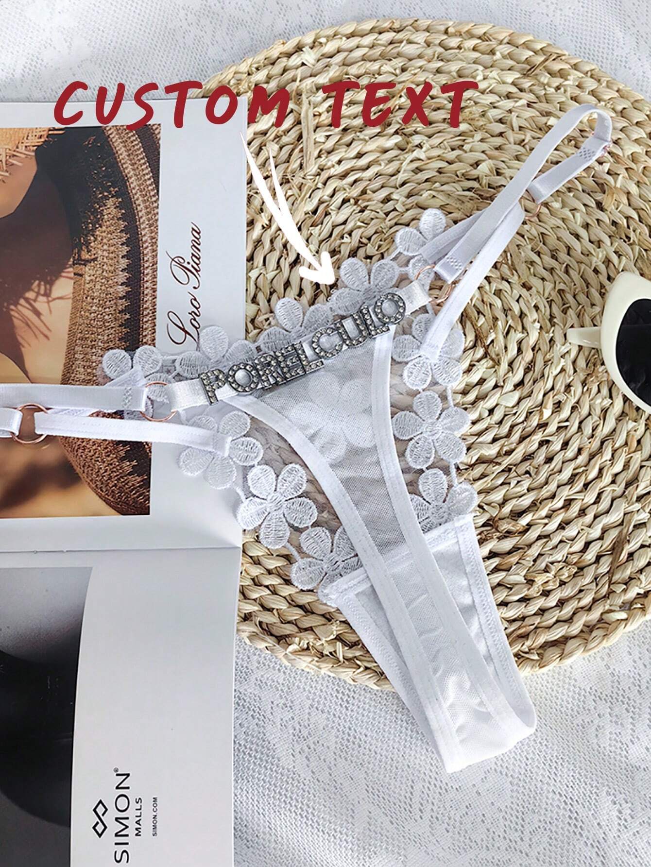 Custom Thong G-Strings With Gold Charms Name Personalized Charm Thong White 2 One-Size