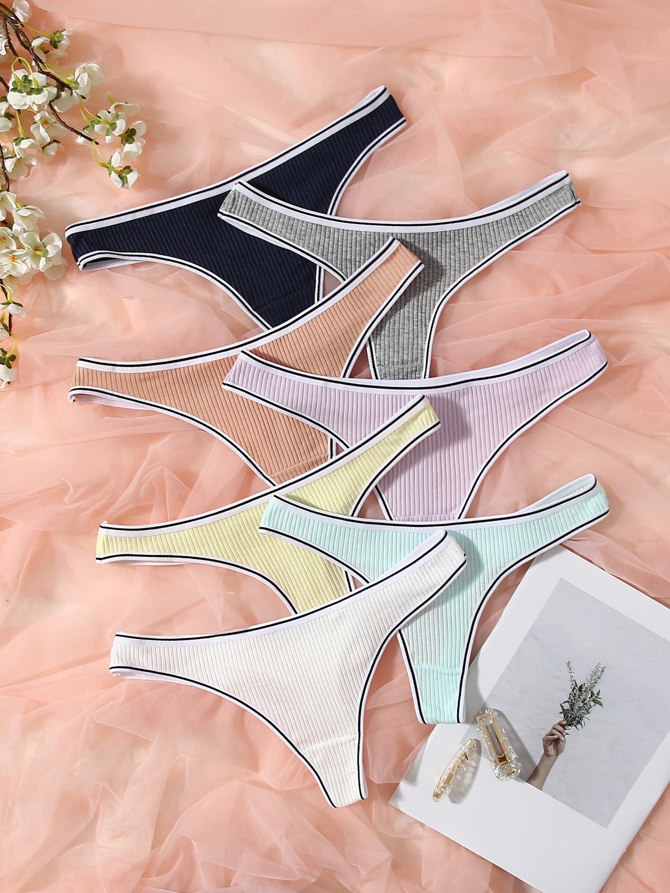 7pack Contrast Binding Ribbed Knit Thong