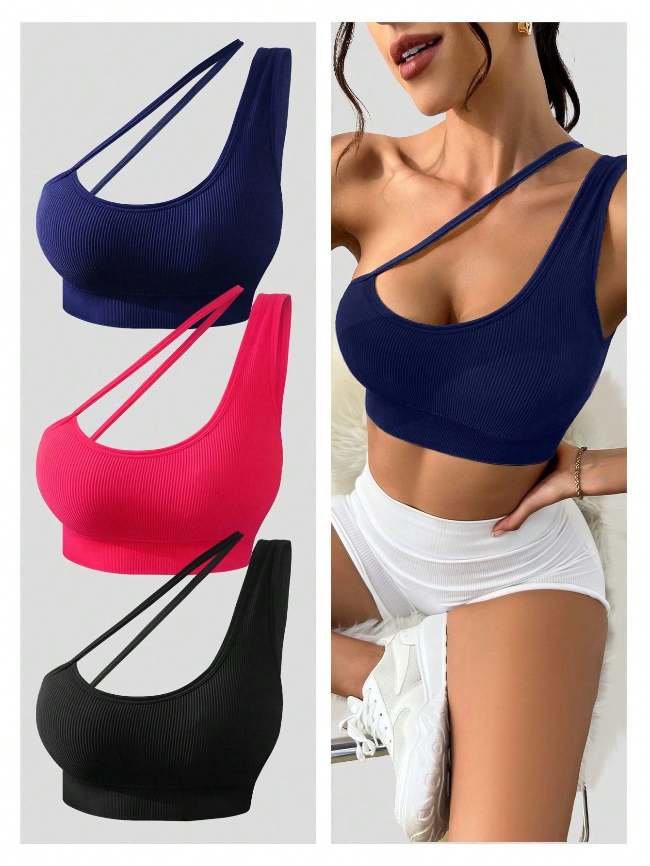 Yoga Sxy 3pcs Medium Support Asymmetrical Neck Sports Bra Multicolor 5