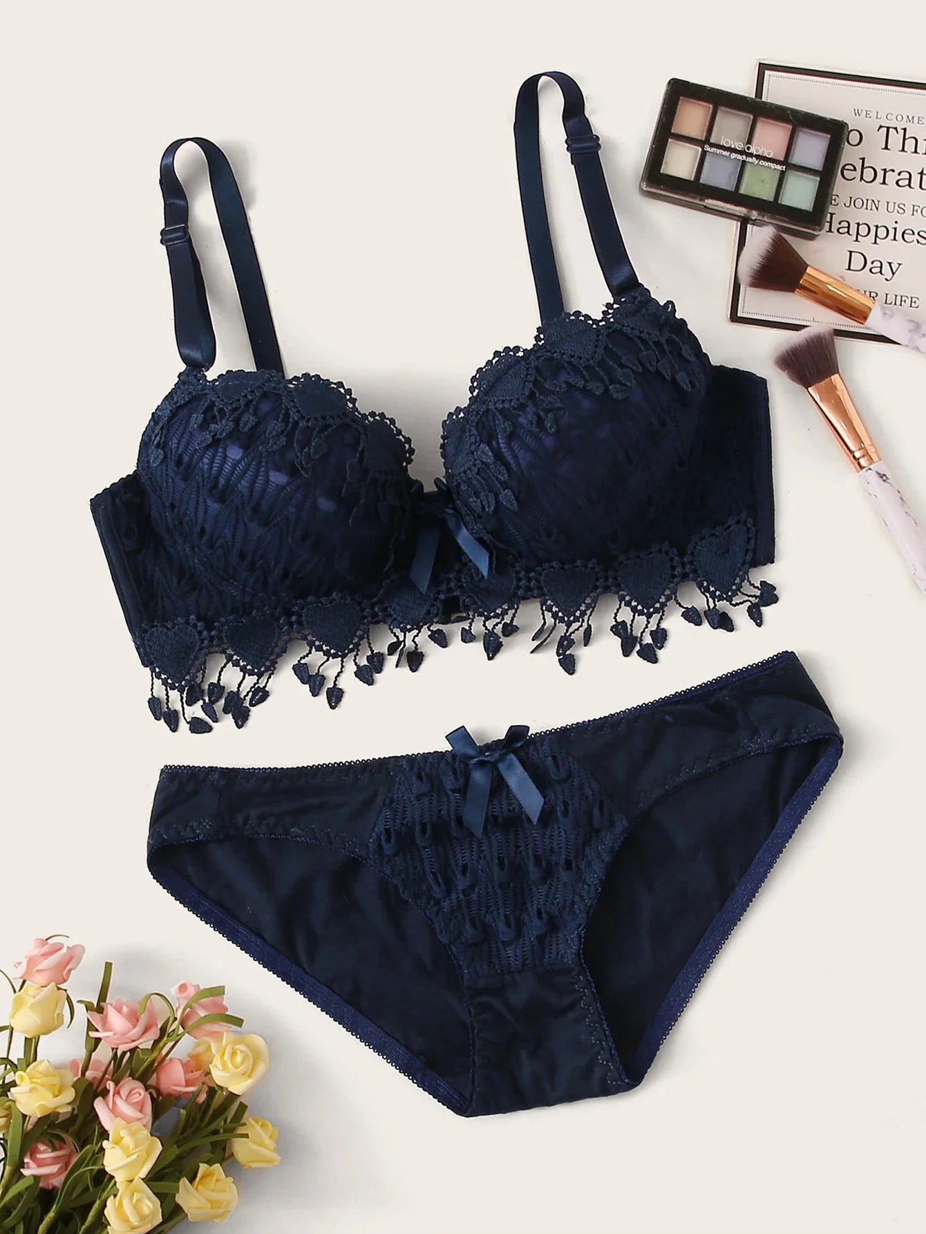 Crochet Trim Underwire Lingerie Set Navy Blue