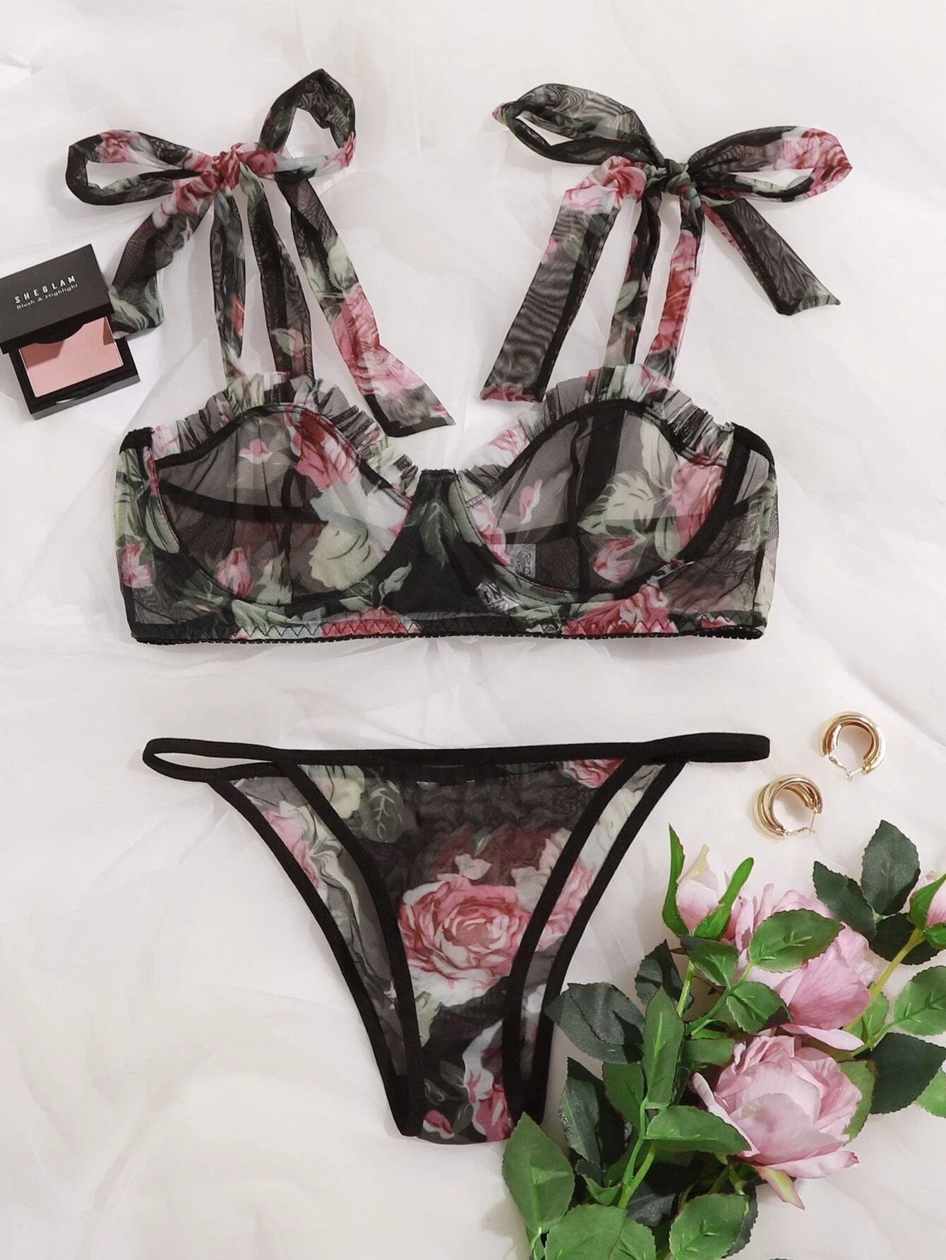 Floral Print Underwire Mesh Bra & Panty Lingerie Set Multicolor