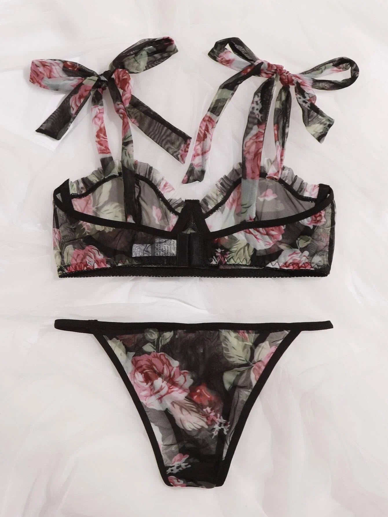 Floral Print Underwire Mesh Bra & Panty Lingerie Set