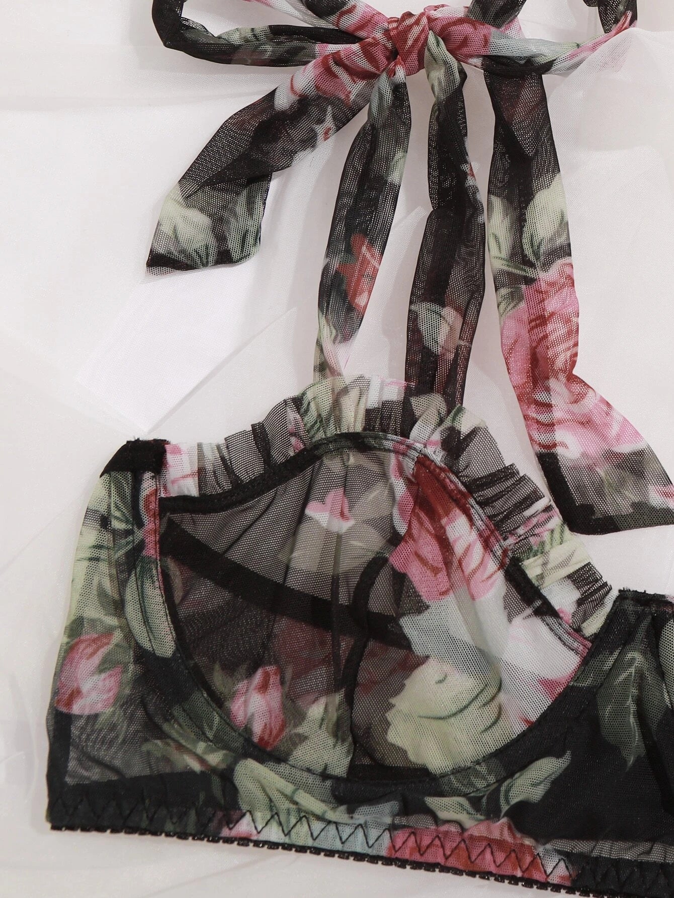 Floral Print Underwire Mesh Bra & Panty Lingerie Set