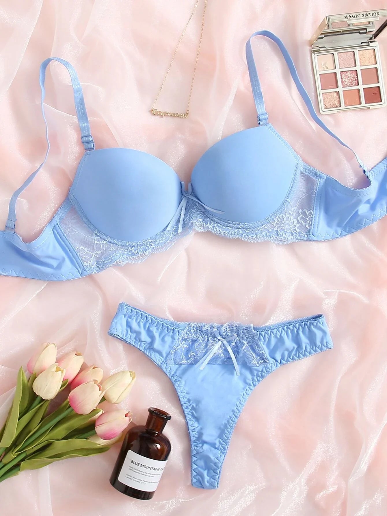 Contrast Lace Underwire Bra & Panty Lingerie Set Baby Blue