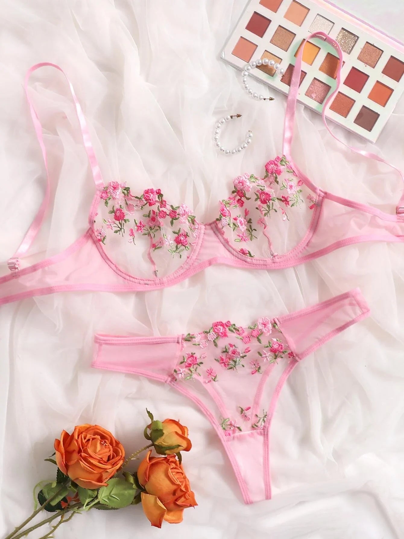 Floral Embroidery Mesh Underwire Bra & Panty Lingerie Set Pink