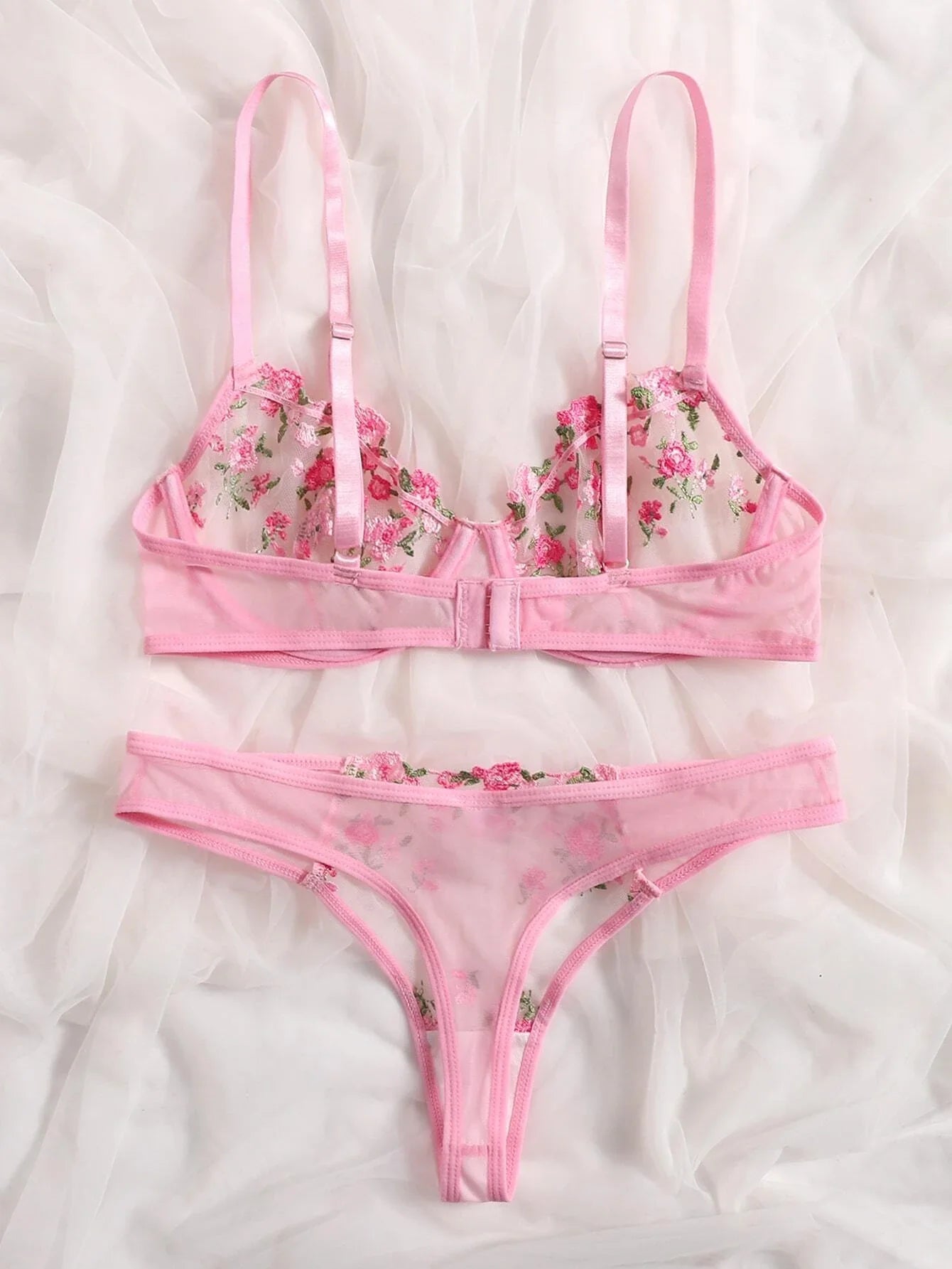 Floral Embroidery Mesh Underwire Bra & Panty Lingerie Set