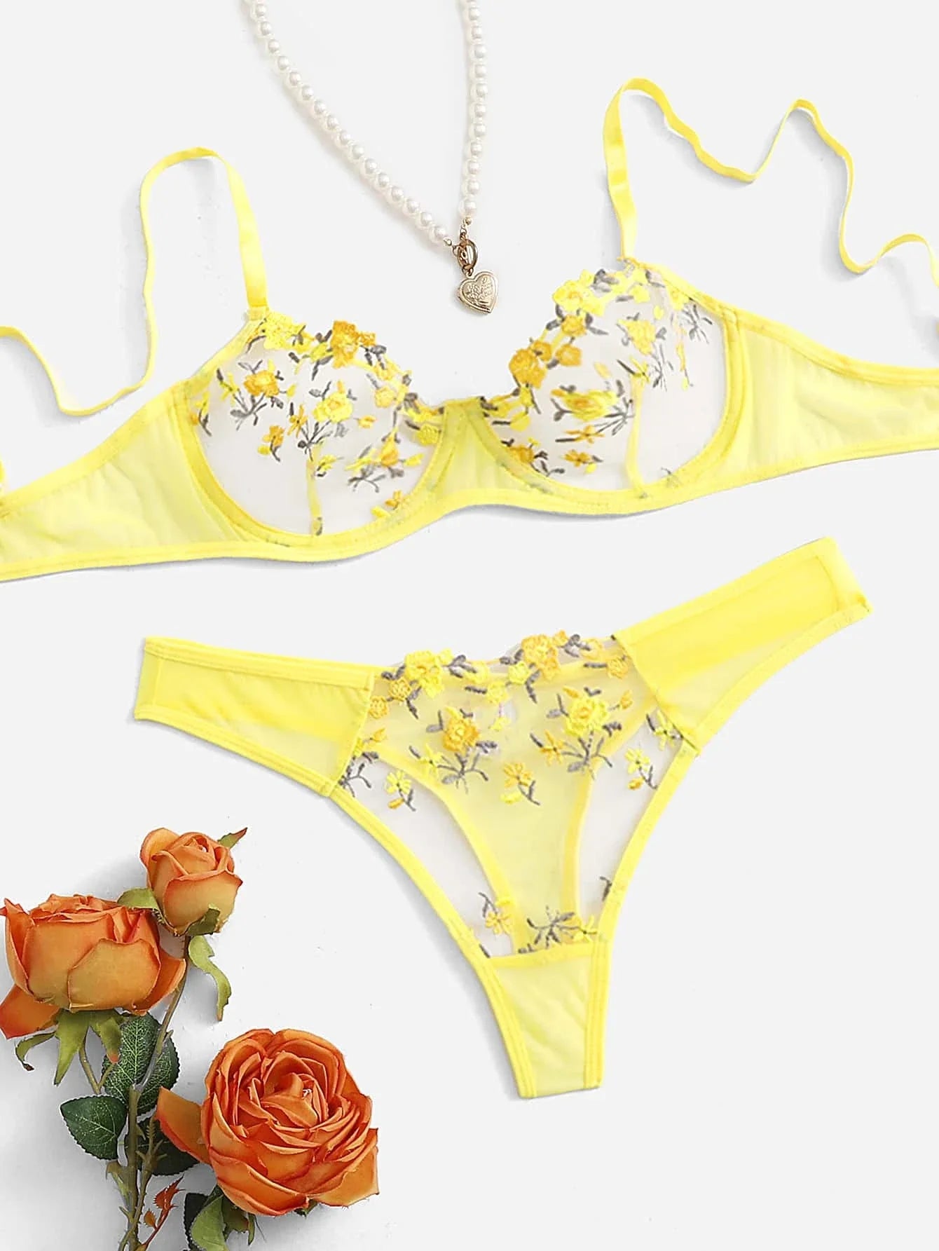 Floral Embroidery Mesh Underwire Bra & Panty Lingerie Set Yellow