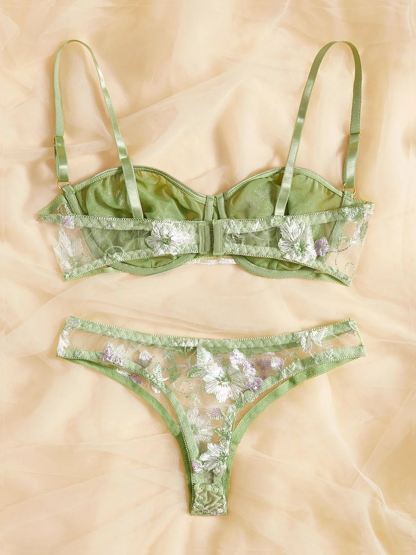 Embroidery Mesh Underwire Bra & Panty Lingerie Set