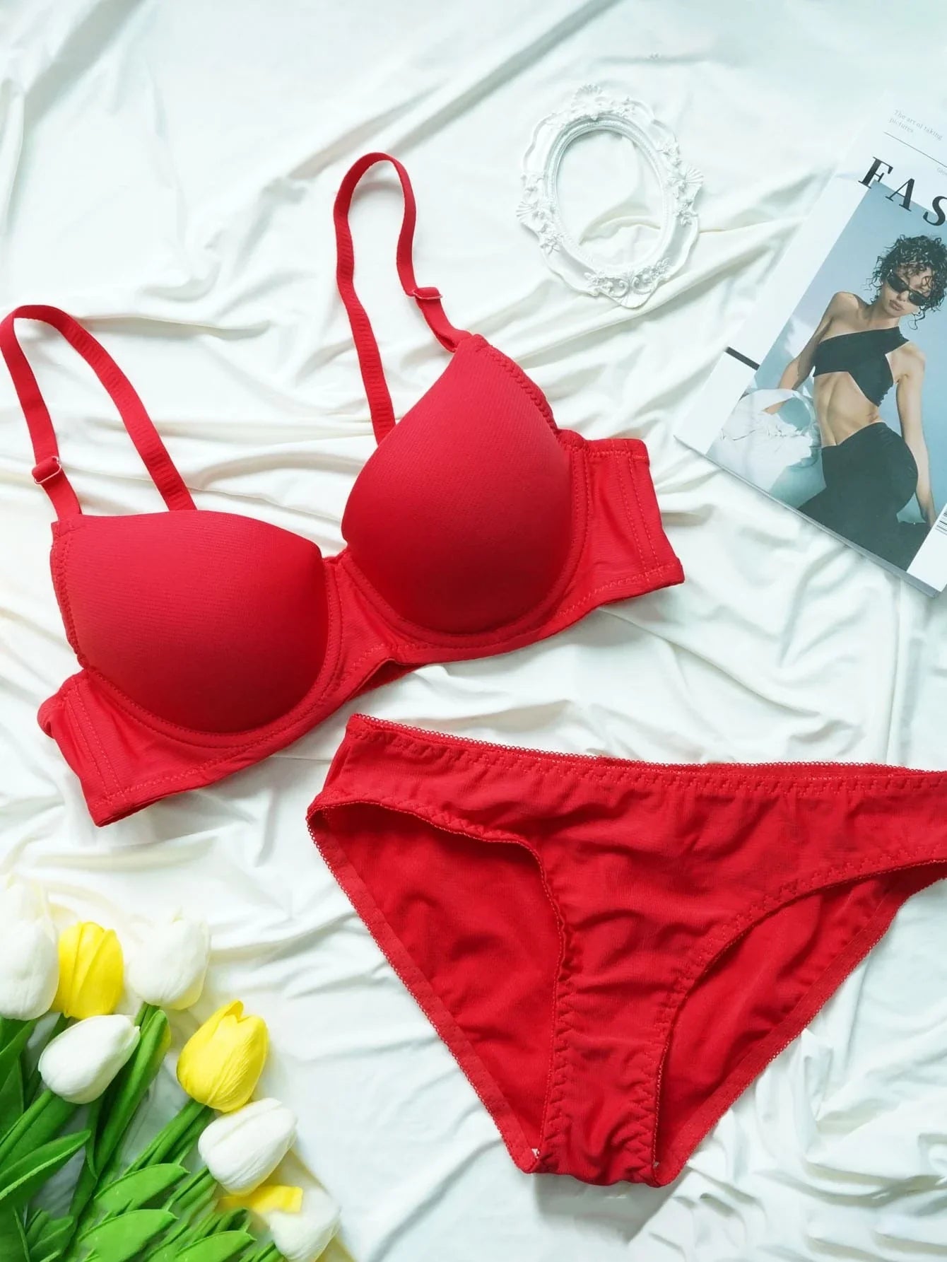 Solid Color Bra & Panty Set With Underwire Red