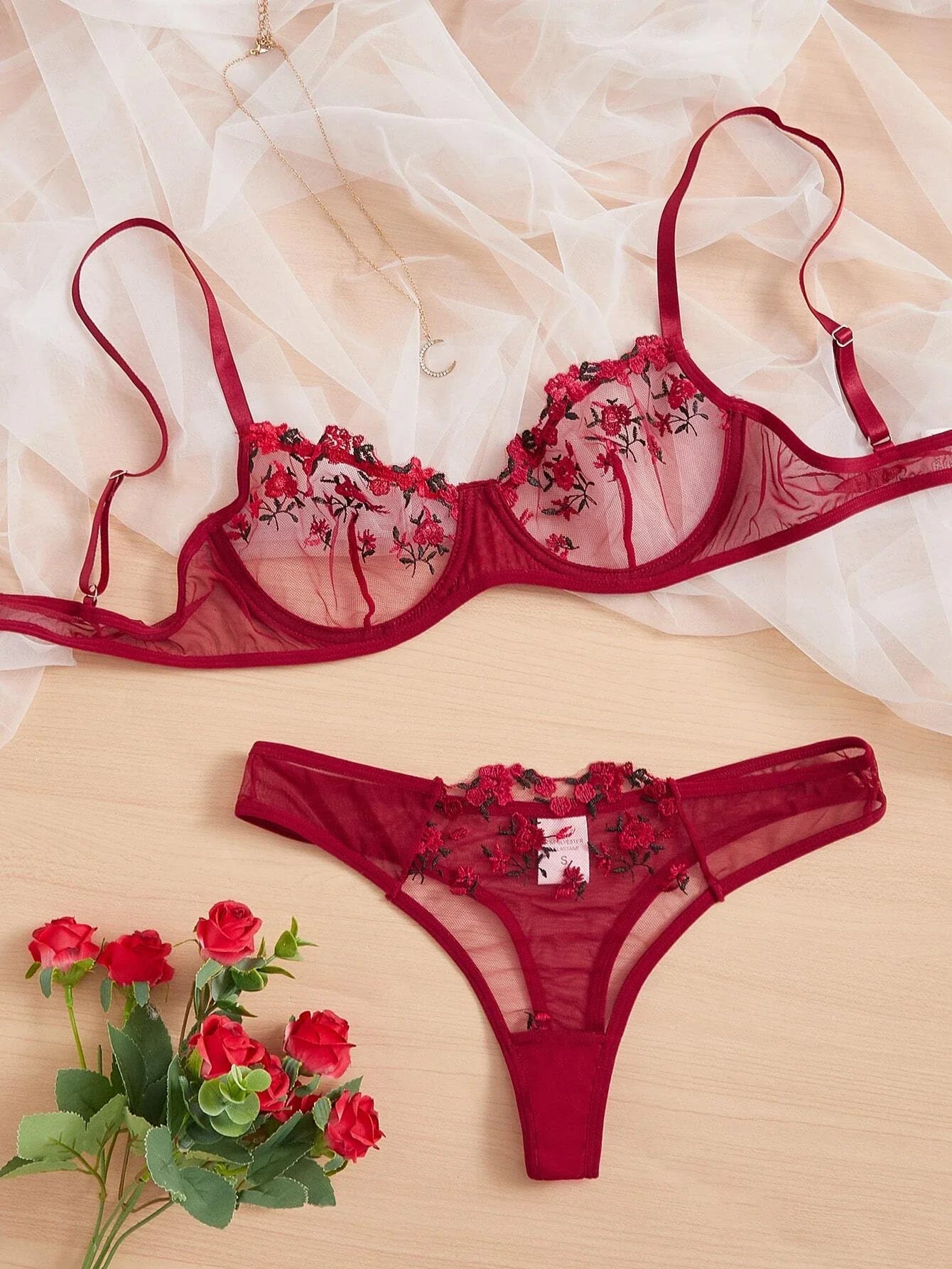 Floral Embroidery Mesh Underwire Bra & Panty Lingerie Set Burgundy