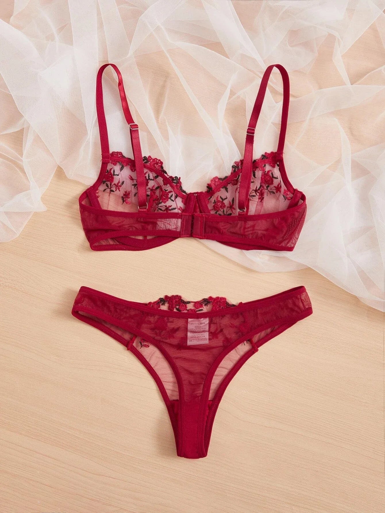 Floral Embroidery Mesh Underwire Bra & Panty Lingerie Set