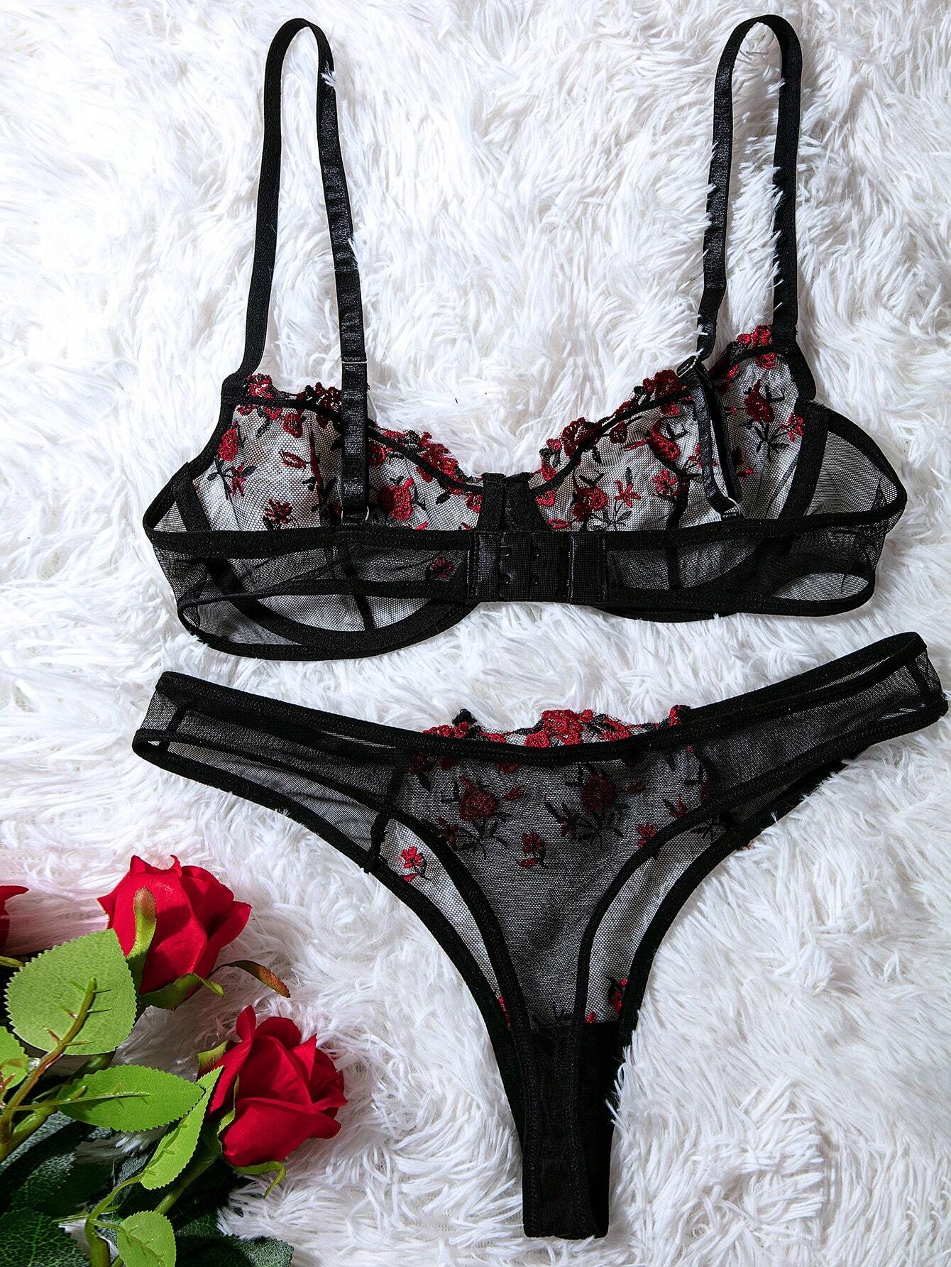 Floral Embroidery Mesh Underwire Bra & Panty Lingerie Set