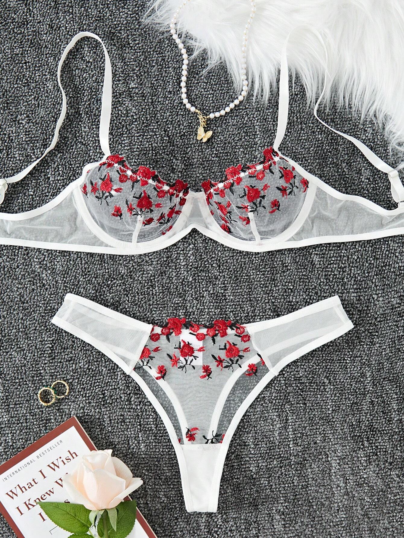 Floral Embroidery Mesh Underwire Bra & Panty Lingerie Set White