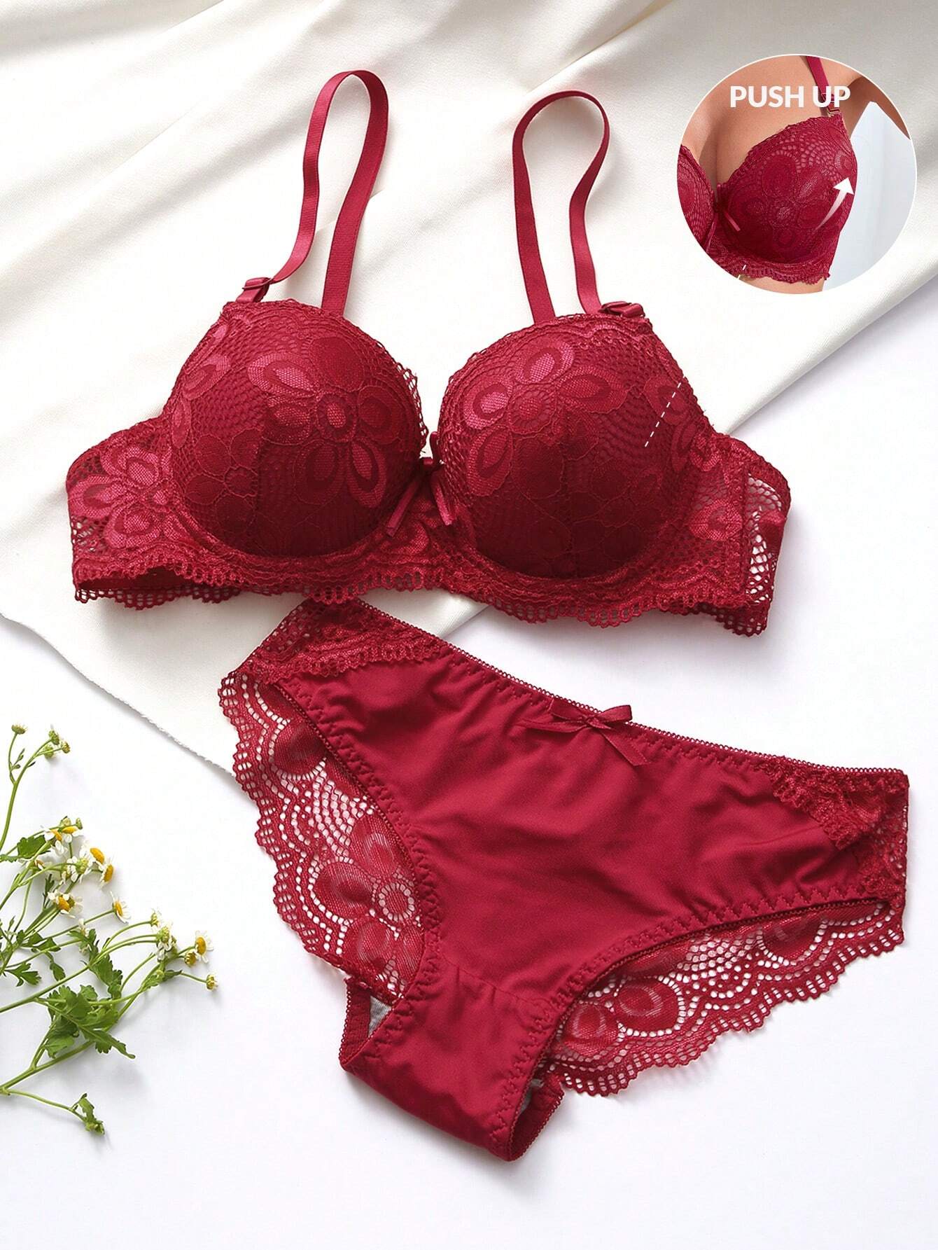 Floral Lace Underwire Bra & Panty Lingerie Set Burgundy