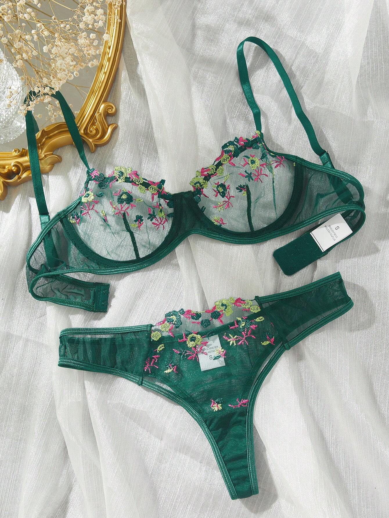 Floral Embroidery Mesh Underwire Bra & Panty Lingerie Set Dark Green