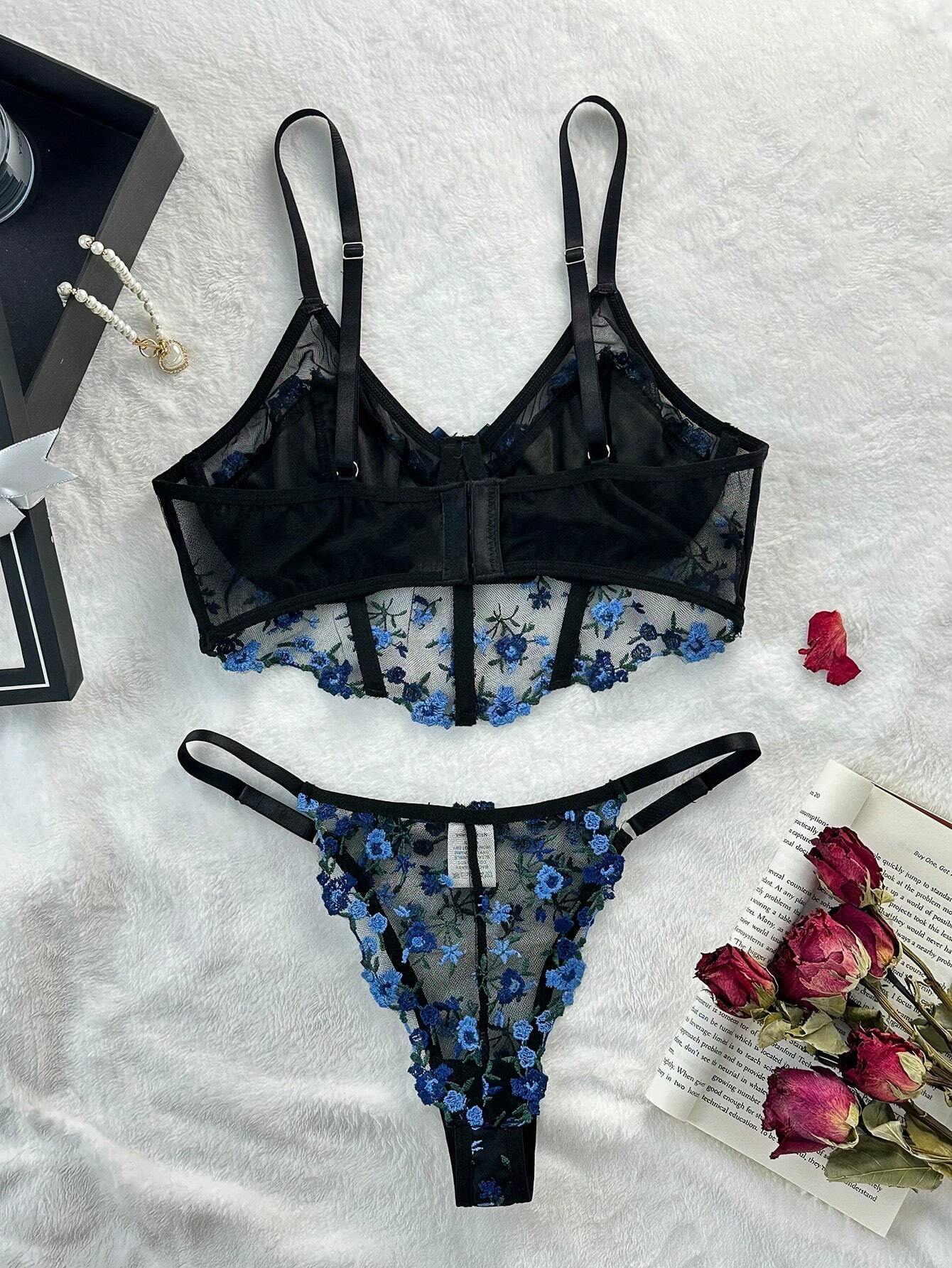 Ladies' Flowers Embroidery Mesh Bra & Panty Lingerie Set