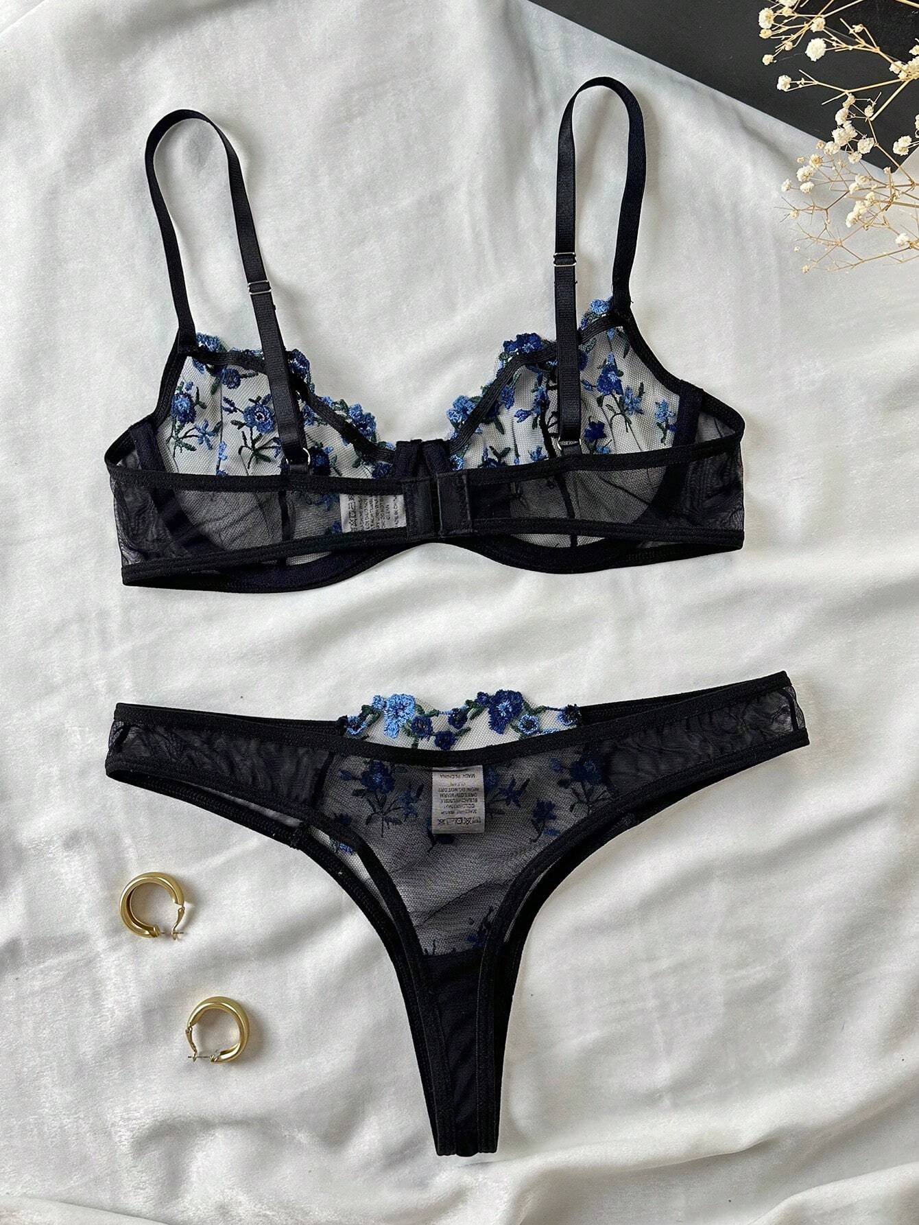 Floral Embroidery Mesh Underwire Bra & Panty Lingerie Set
