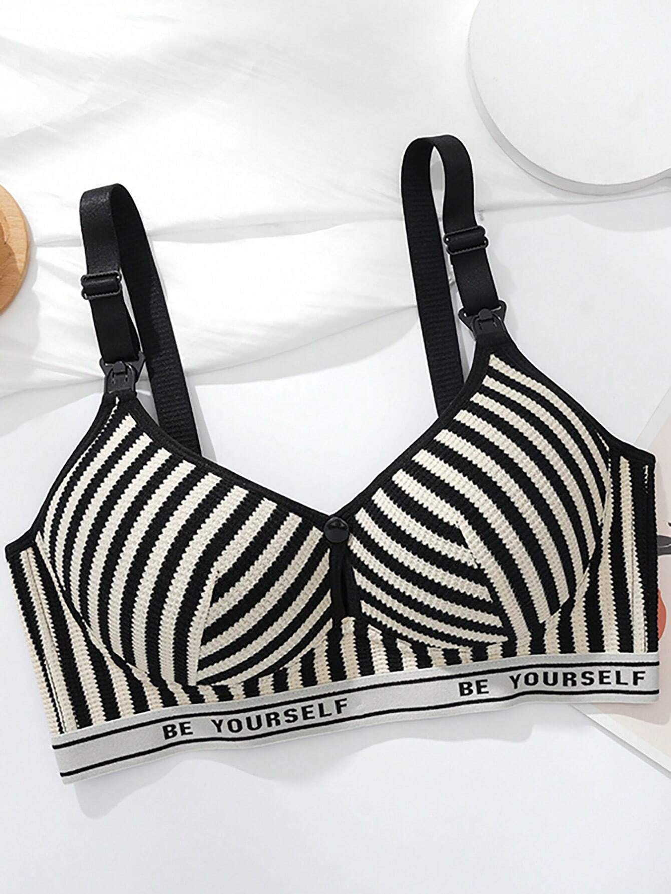 Striped Push-Up Bra Without Underwire, Comfortable And Breathable Black