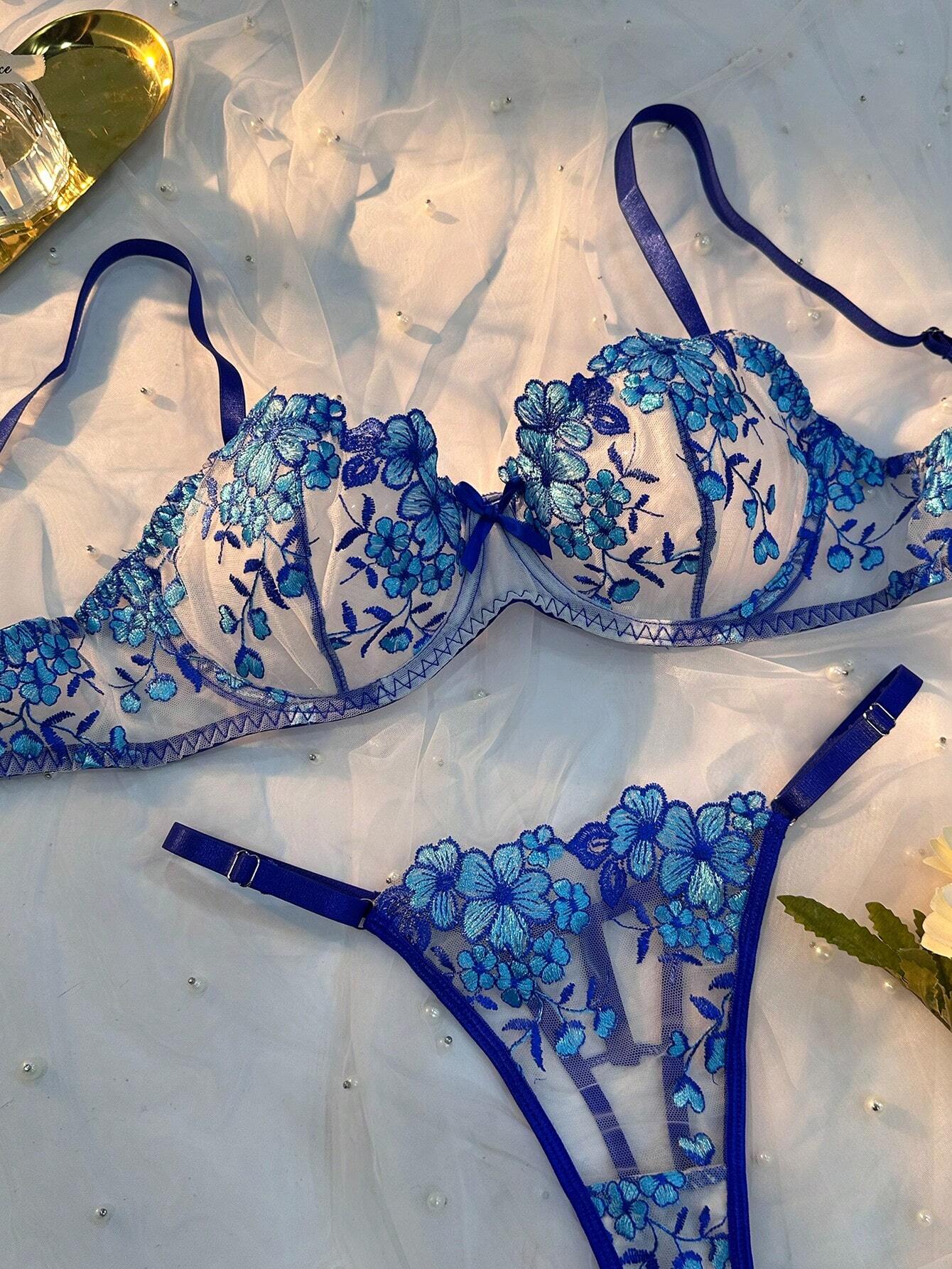 Women's Floral Embroidery Bra & Panty Underwear Lingerie Set Blue