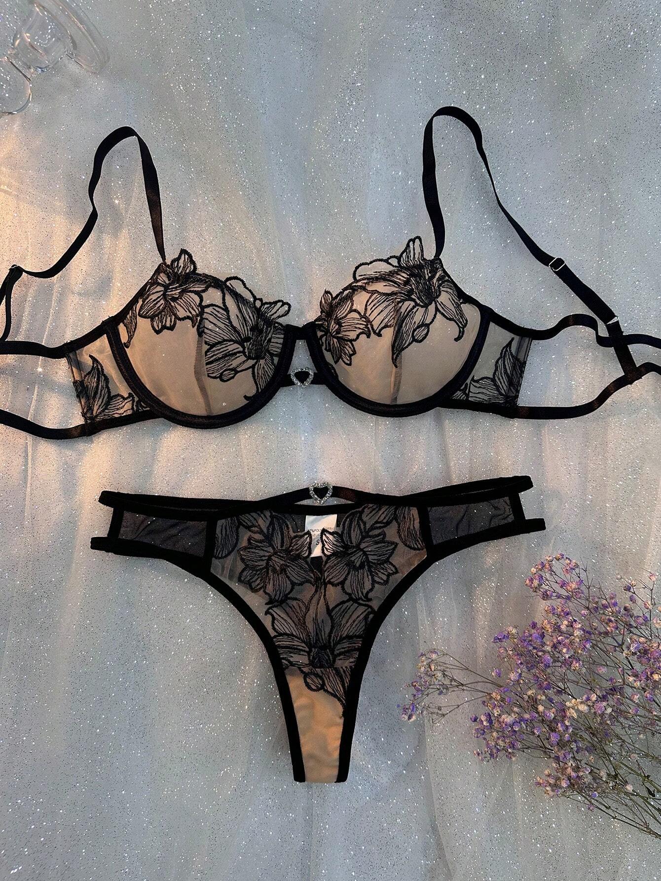 Flower Embroidered Mesh & Rhinestone Decor Heart Shaped Ring Adornment Bra & Panty Lingerie Set Black