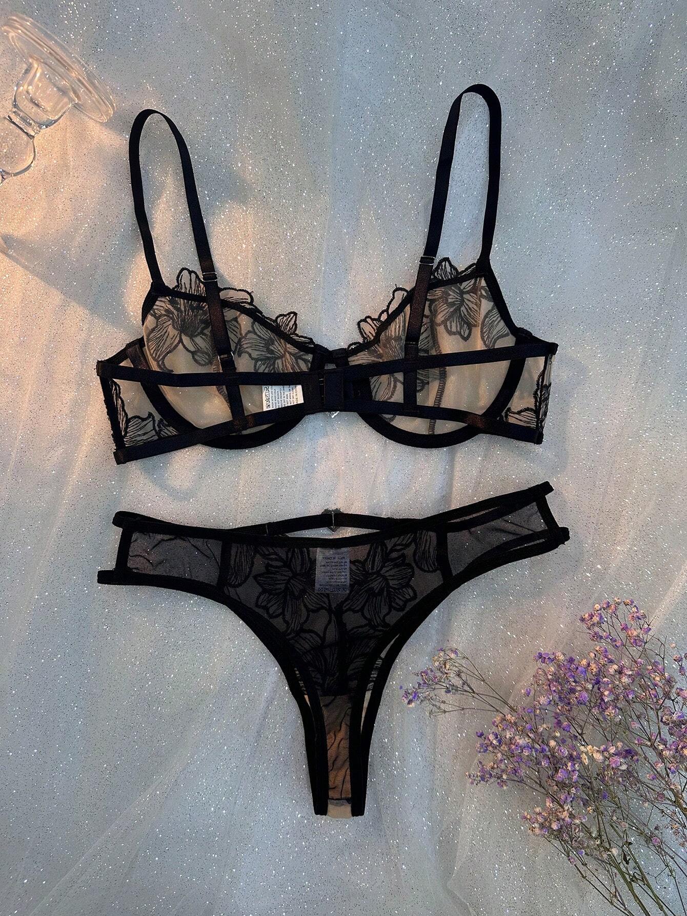 Flower Embroidered Mesh & Rhinestone Decor Heart Shaped Ring Adornment Bra & Panty Lingerie Set