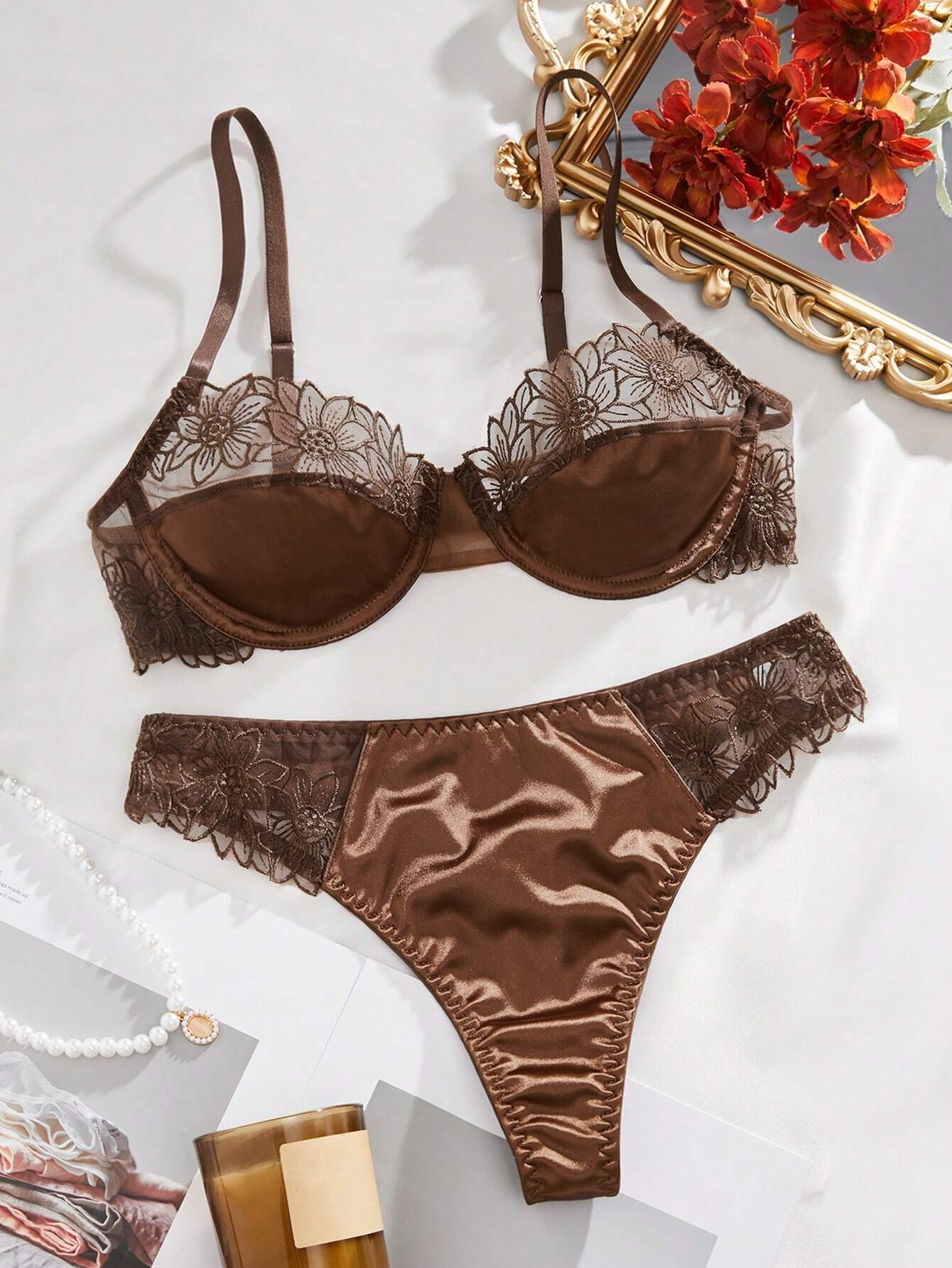 Embroidered Mesh Trimmed Satin Underwear Set Lingerie Set Mocha Brown