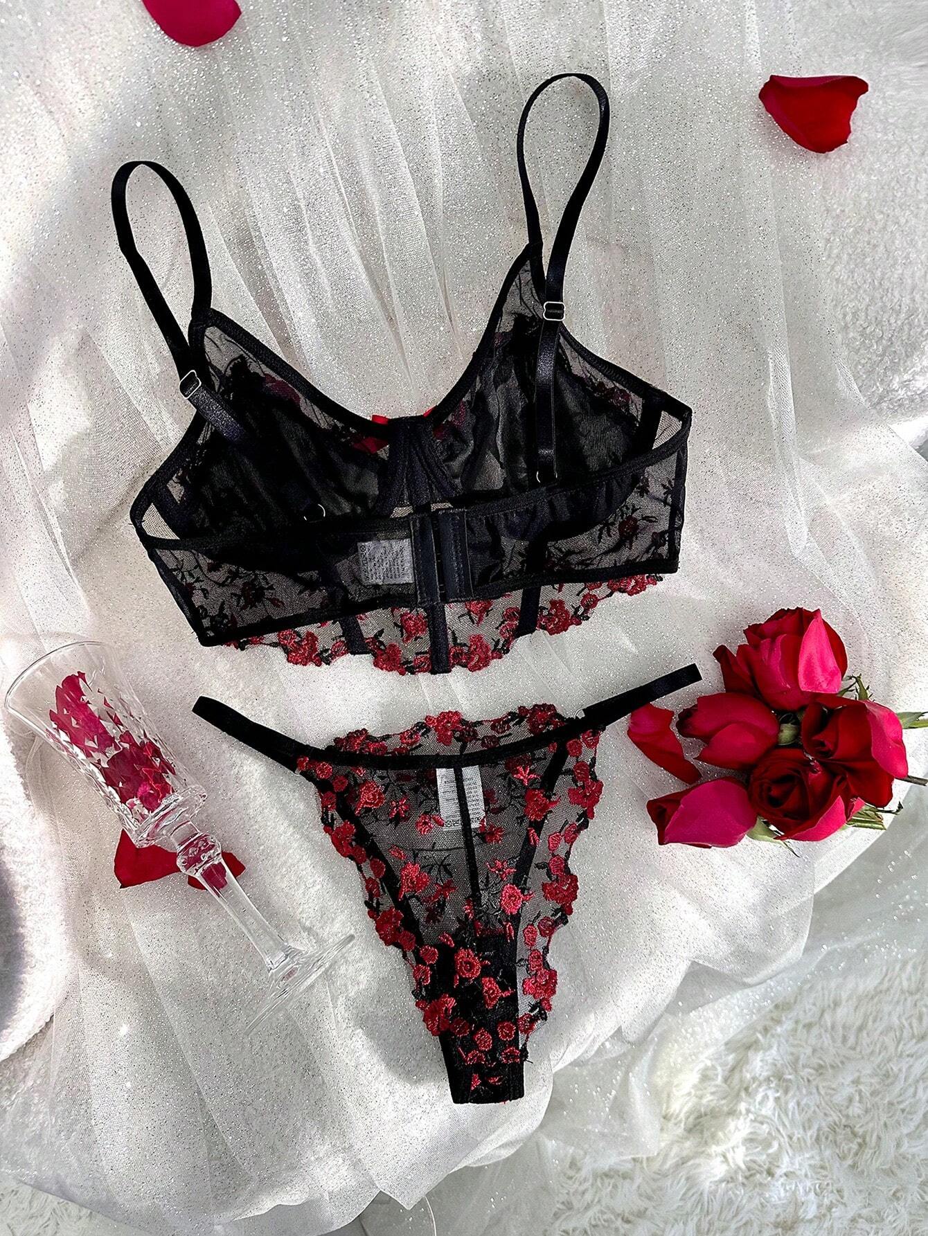 Ladies' Flowers Embroidery Mesh Bra & Panty Lingerie Set