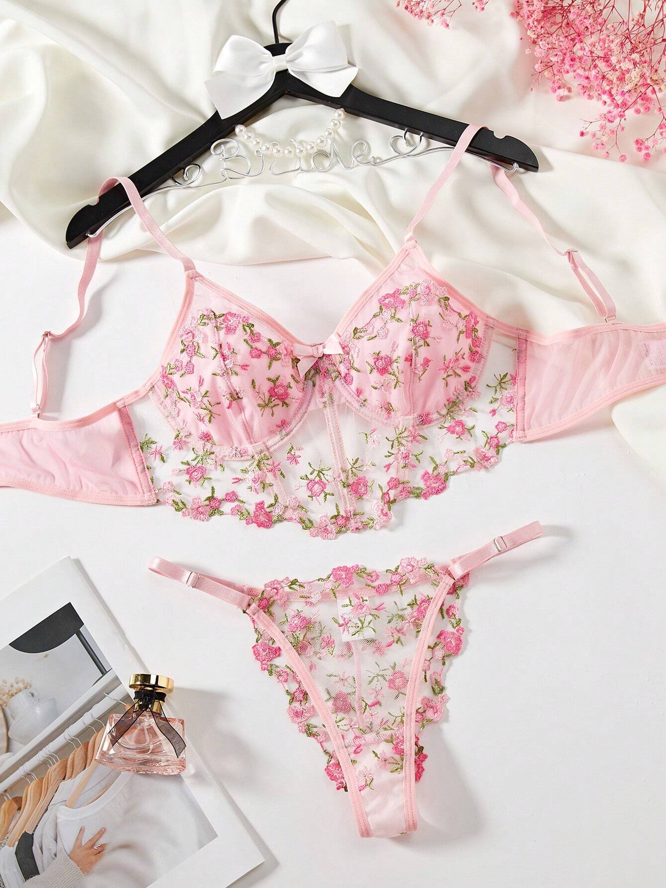 Ladies' Flowers Embroidery Mesh Bra & Panty Lingerie Set Pink