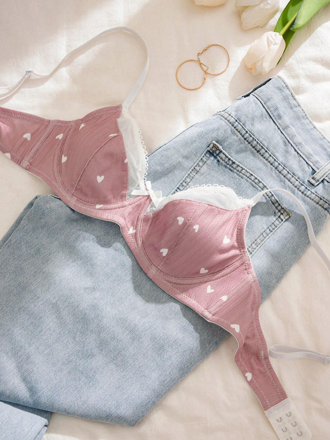 Women Heart-Shaped Print Color Block Bra Pink