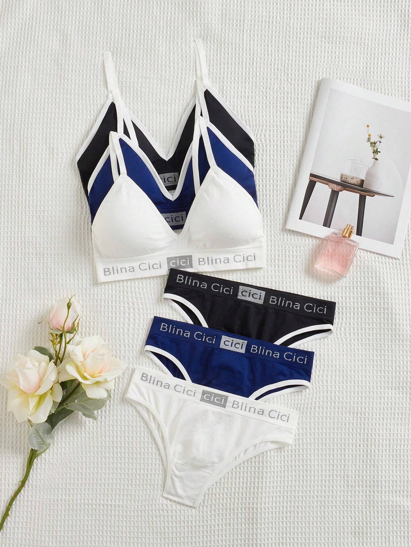 3 Sets Women Letter Print Bra And Underwear Set Sports Multicolor