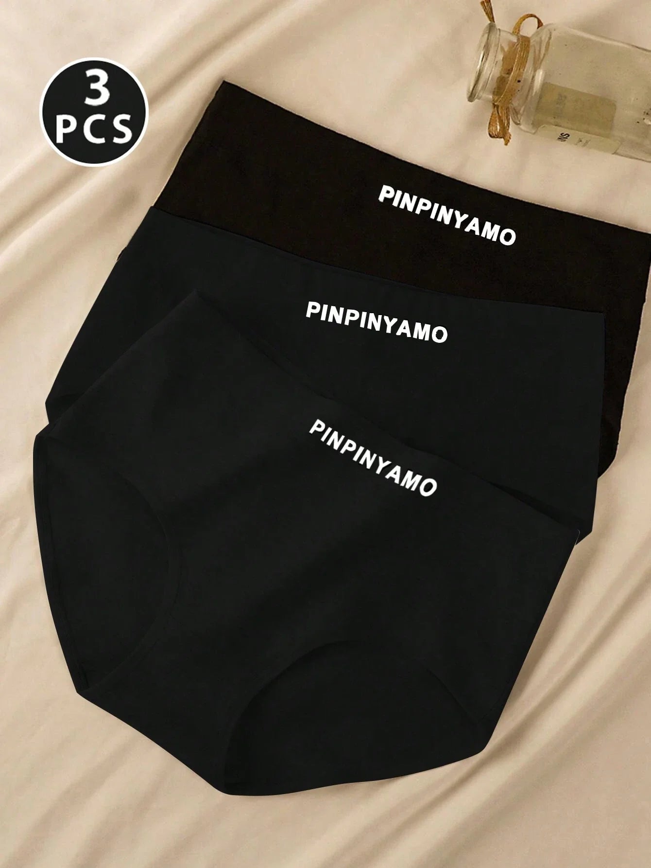 3pcs Women's Comfortable Breathable Letter Print Triangle Panties Black