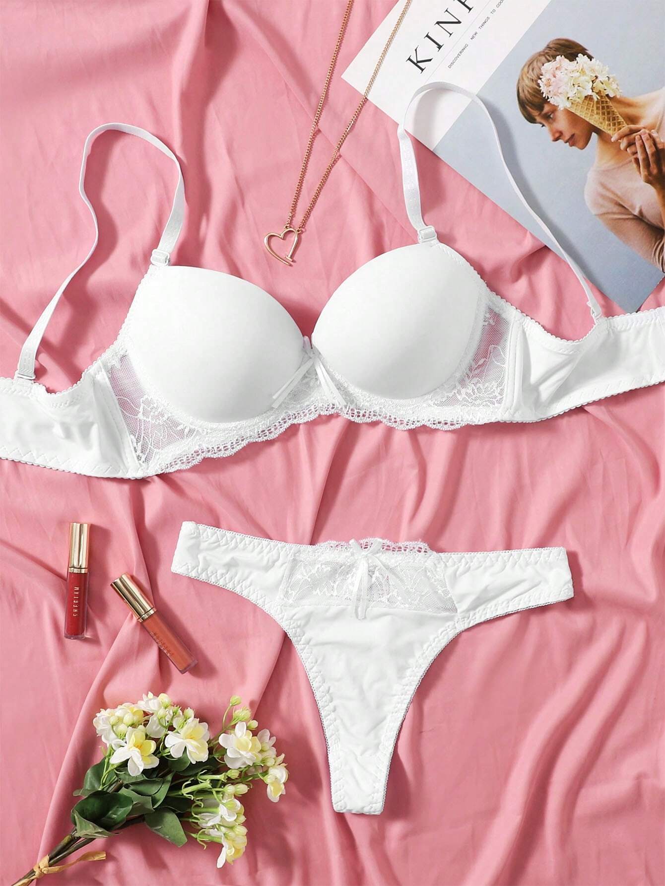 Contrast Lace Underwire Bra & Panty Lingerie Set White
