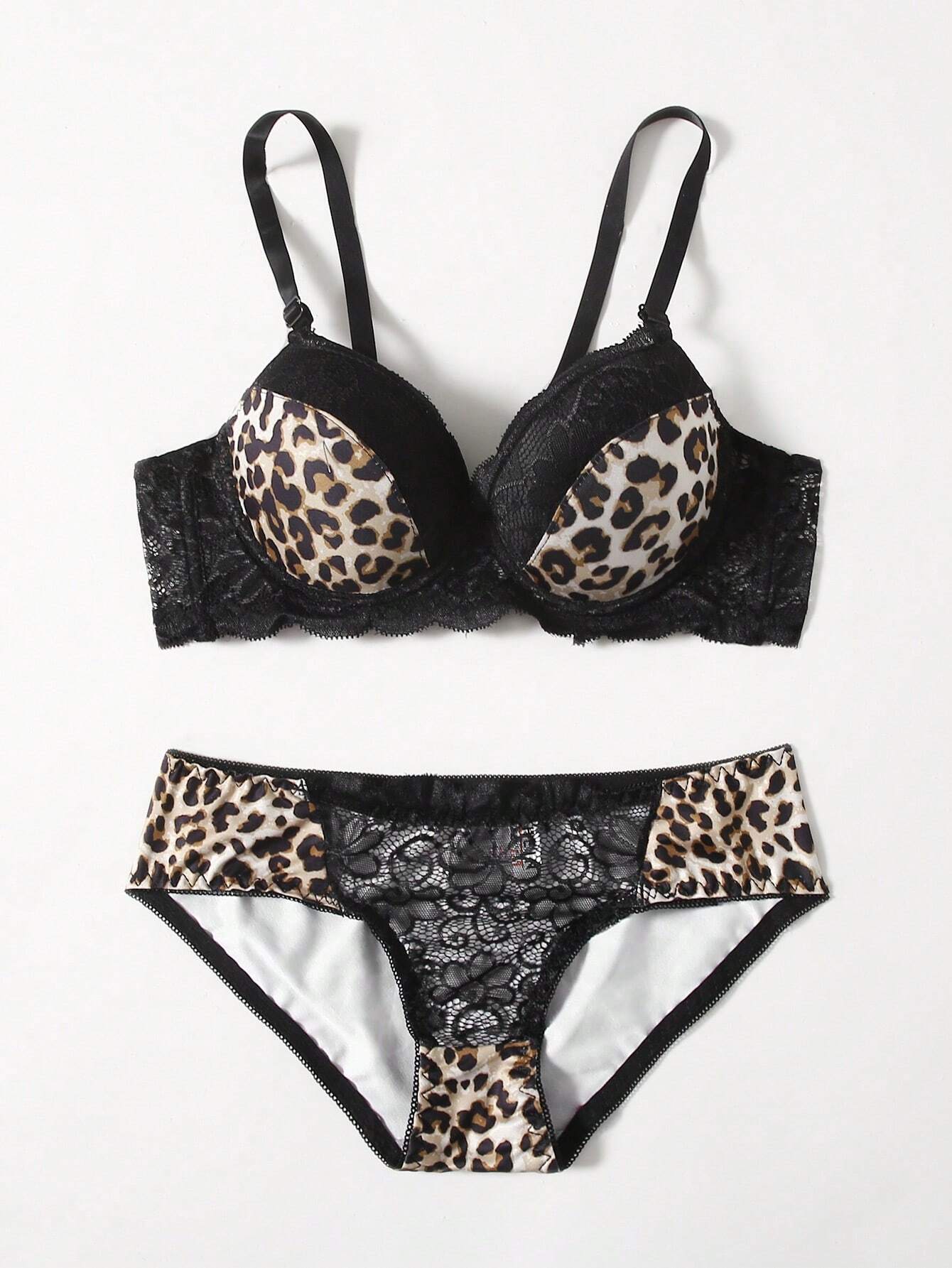 DesireSculpt Leopard Print Contrast Lace Super Push Up Bra & Panty Lingerie Set
