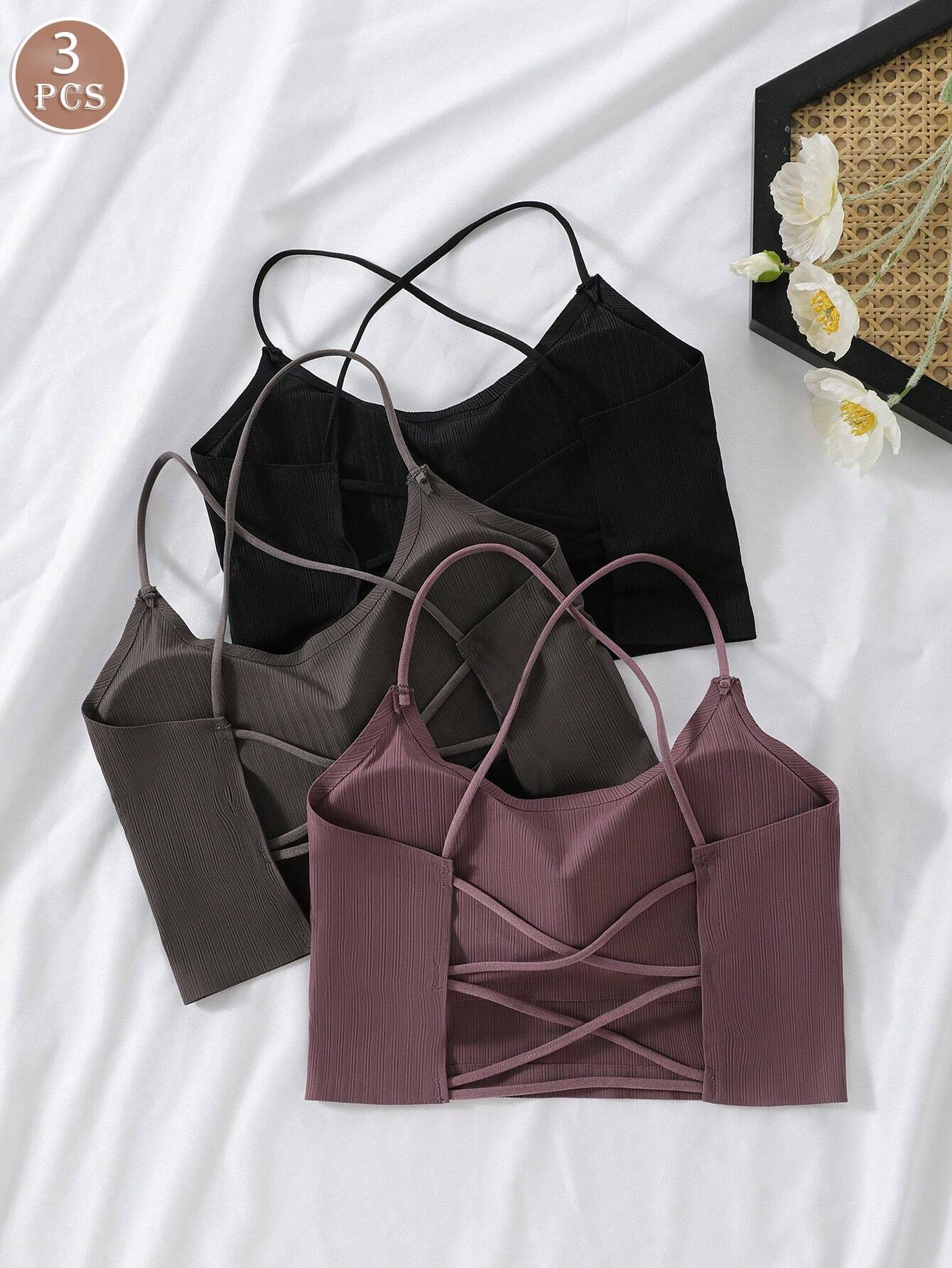 3pcs/Set Ice Silk Criss-Cross Backless Wireless Brassiere Multicolor