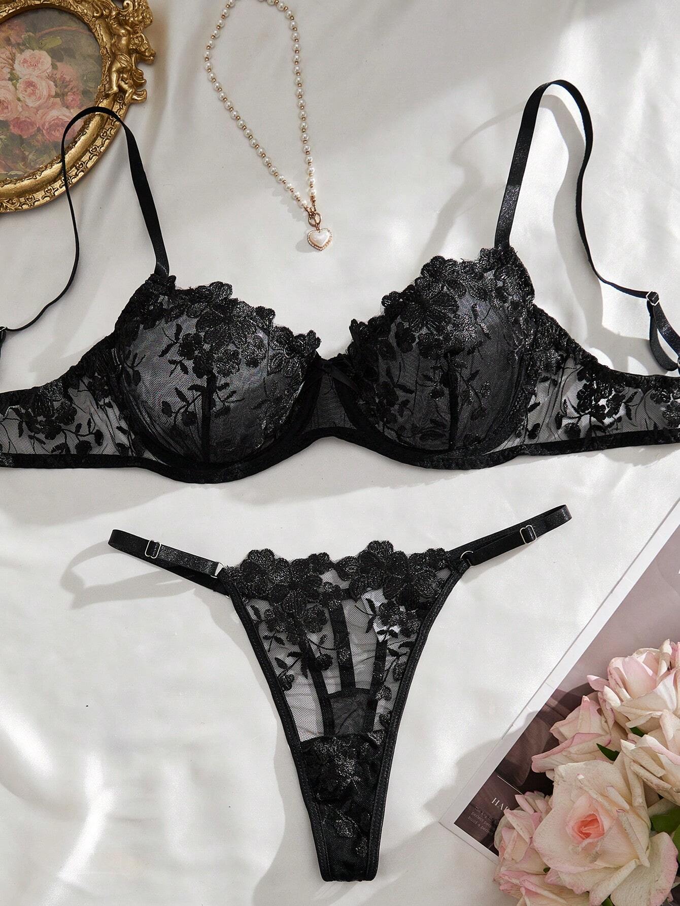 Women's Floral Embroidery Bra & Panty Underwear Lingerie Set