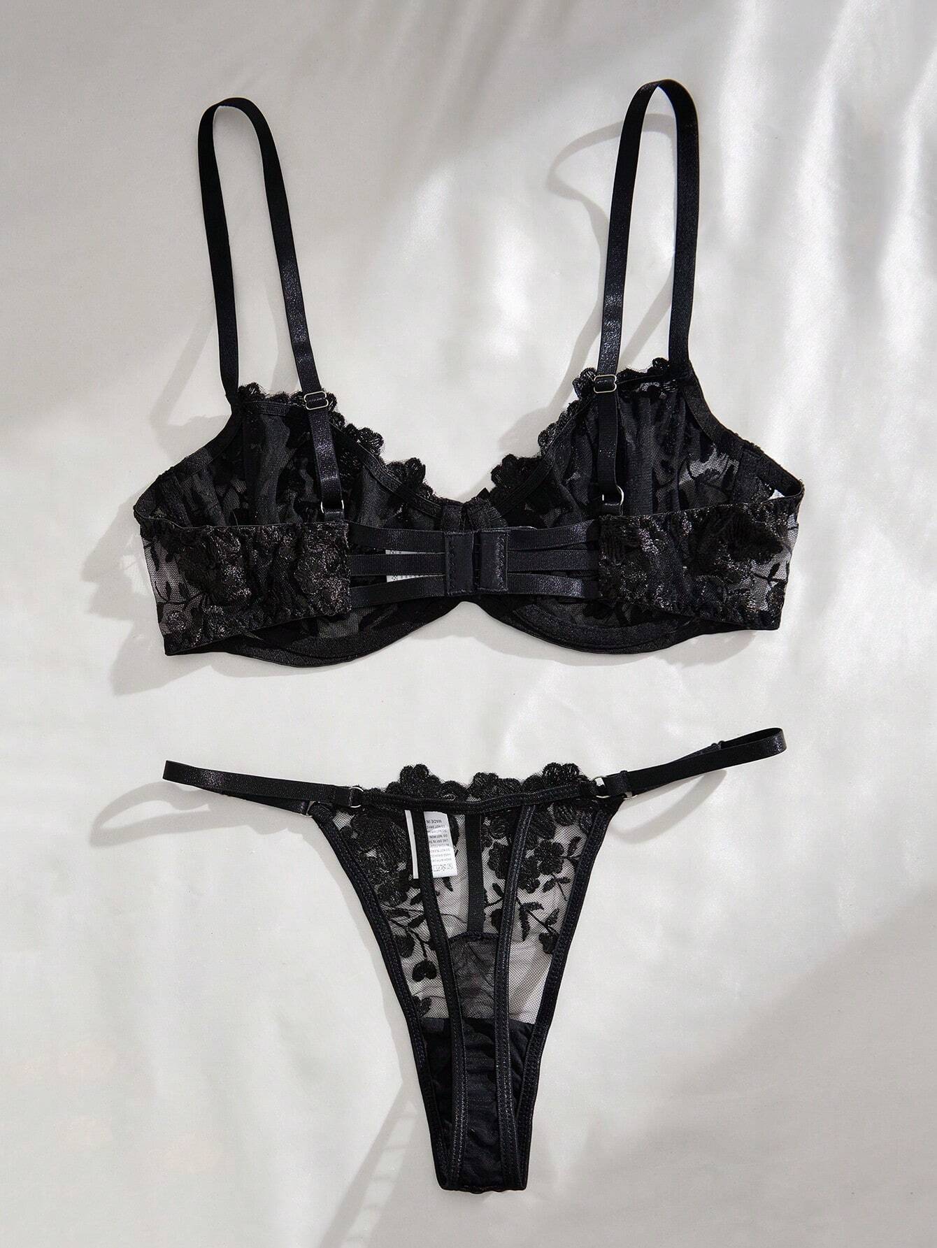 Women's Floral Embroidery Bra & Panty Underwear Lingerie Set Black