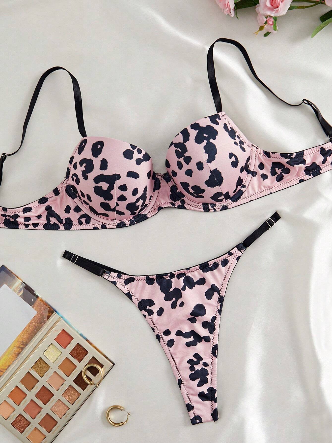 Eraneu 2pcs Women's Fashionable Cow Print Lingerie Set Multicolor 3