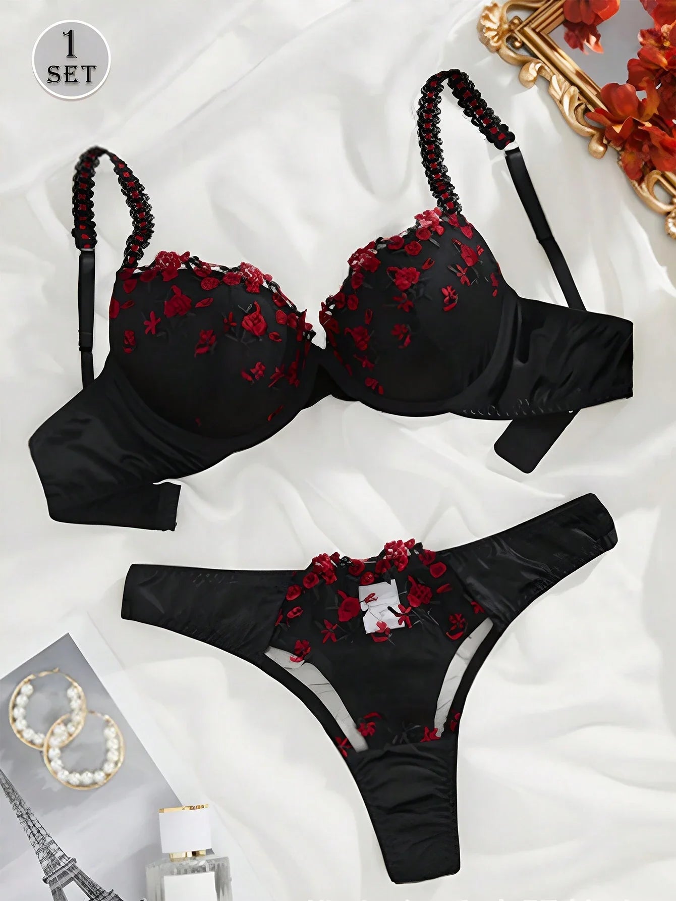 1 Set Lace Underwire Bra Set, Women's Lingerie Set Black