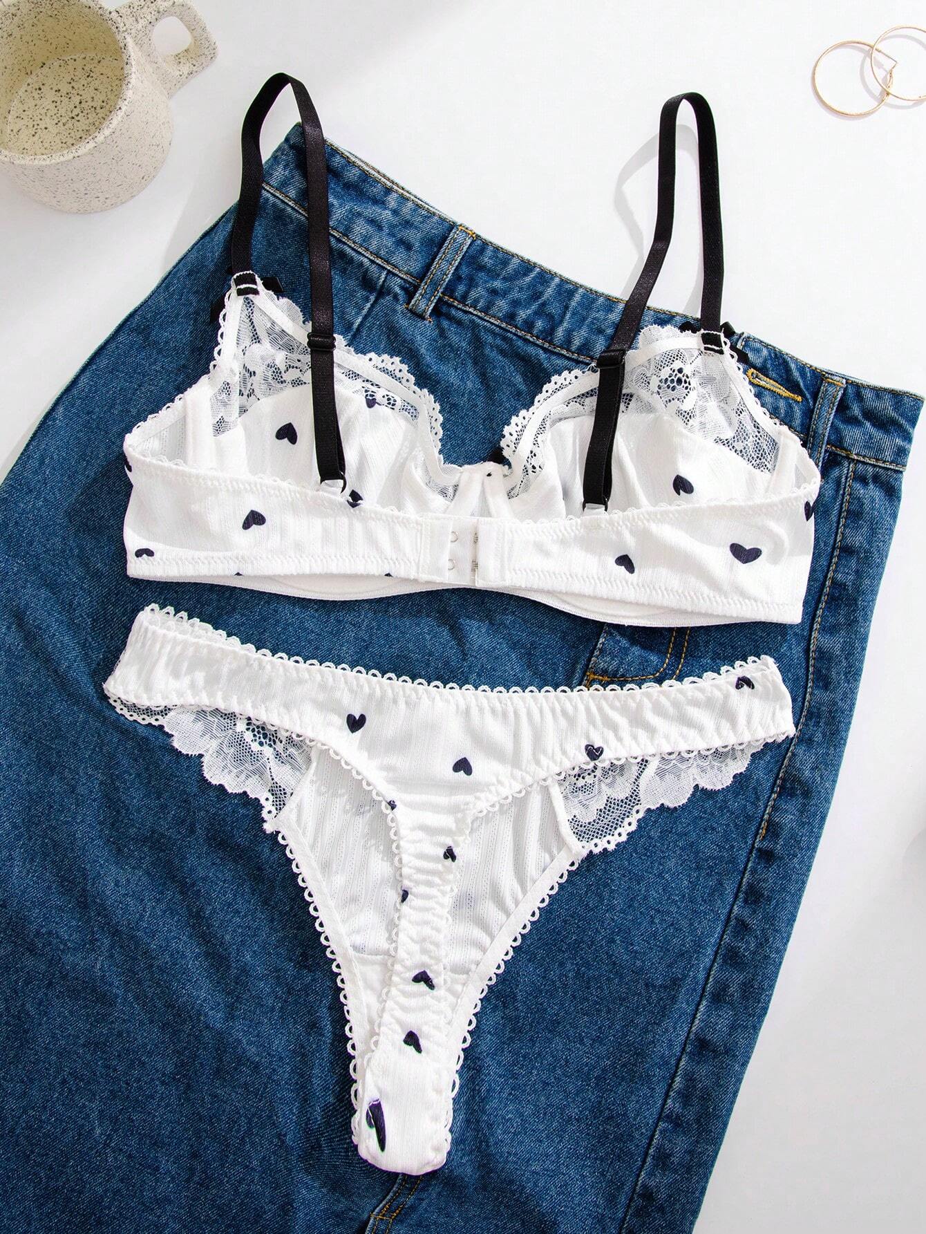 1set Women Black Strawberry Printed Lace Trim Bra Set