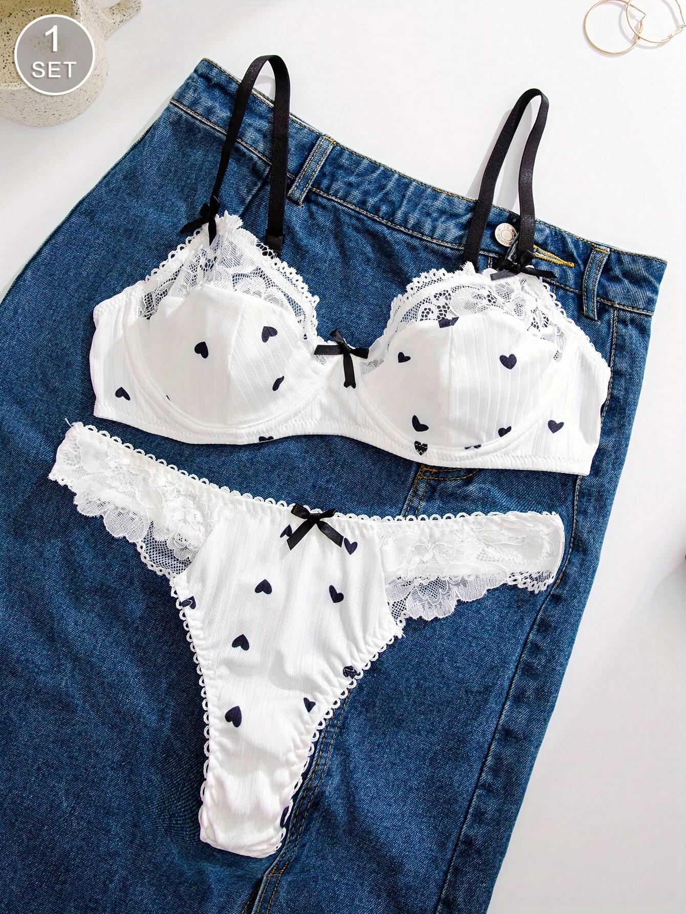 1set Women Black Strawberry Printed Lace Trim Bra Set White