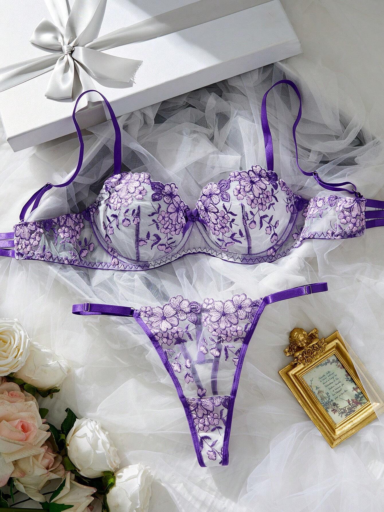 Women's Floral Embroidery Bra & Panty Underwear Lingerie Set Purple