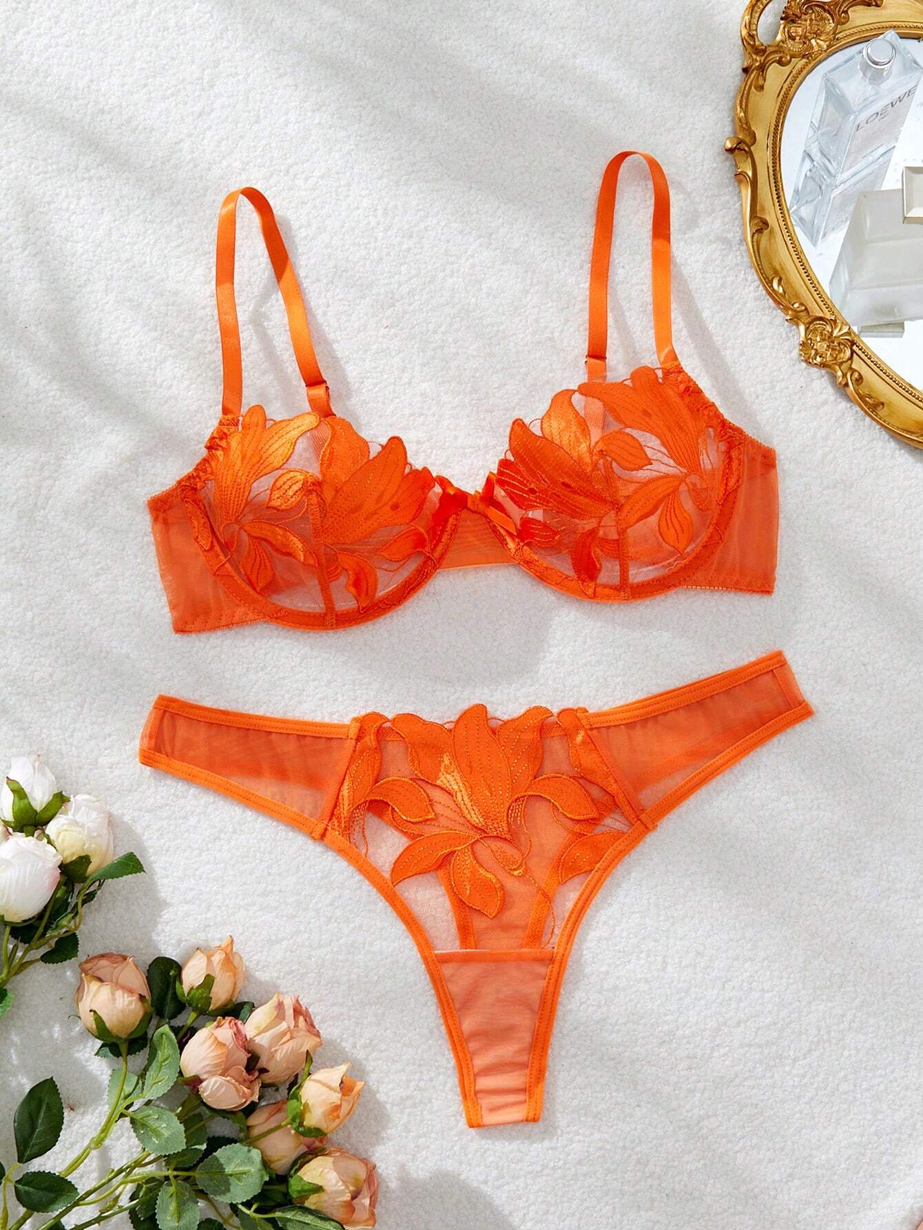 2pcs/Set Women Solid Mesh Contrast Romantic Floral Maple Leaf Sexy Lingerie Set