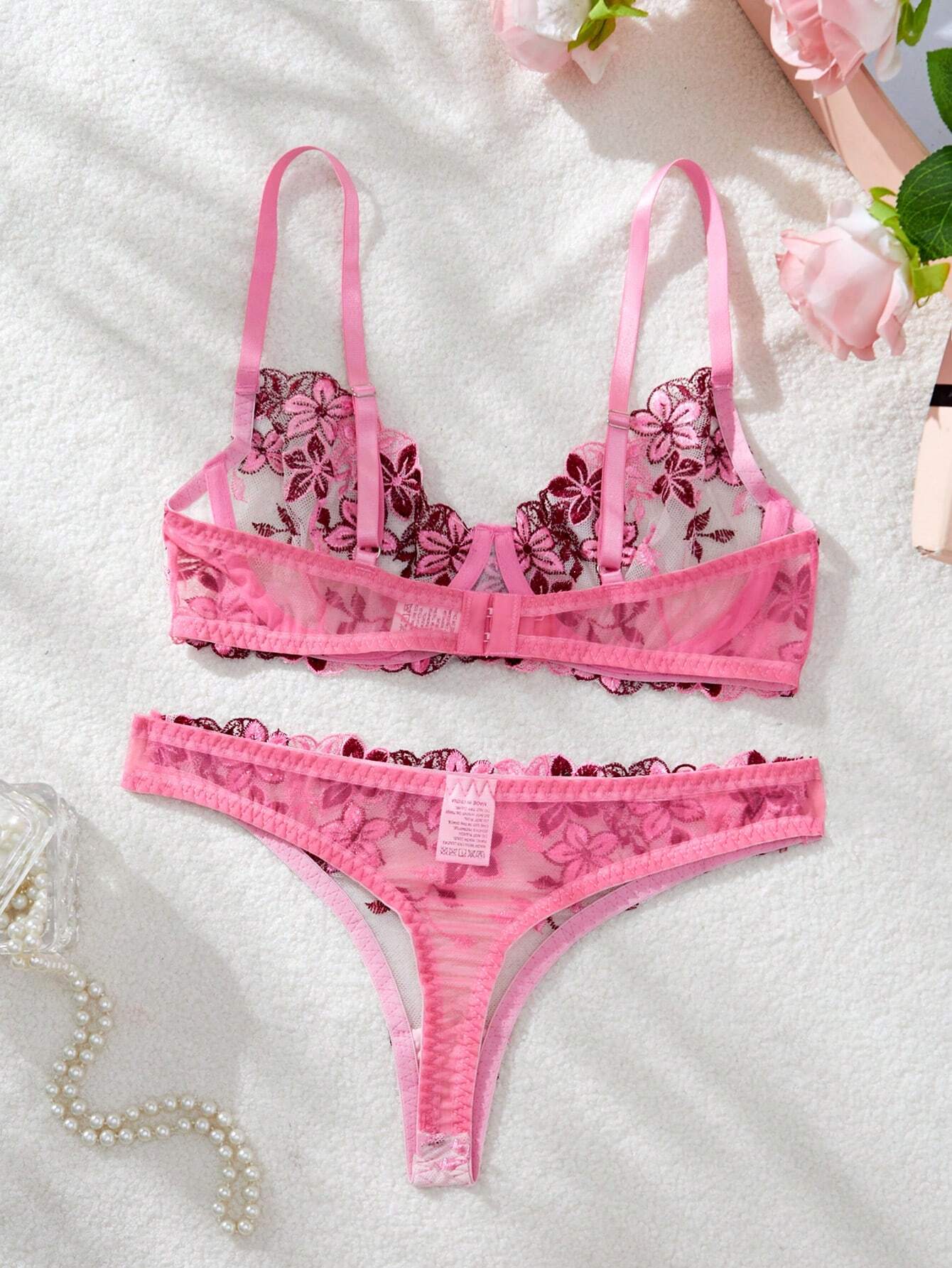 2 Pieces Romantic Pink Women Underwire Bra And Panty Set