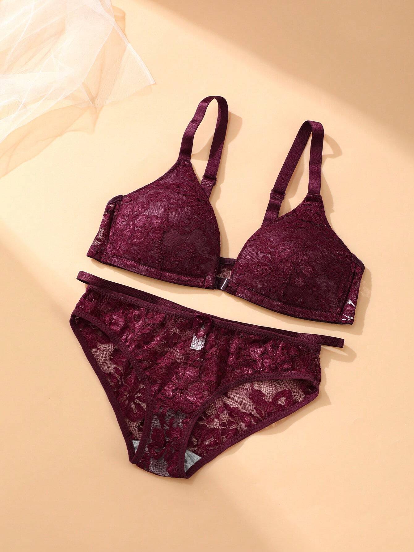 1set Women Front Closure Lace Trim Wireless Bra And Panty Lingerie Set Burgundy