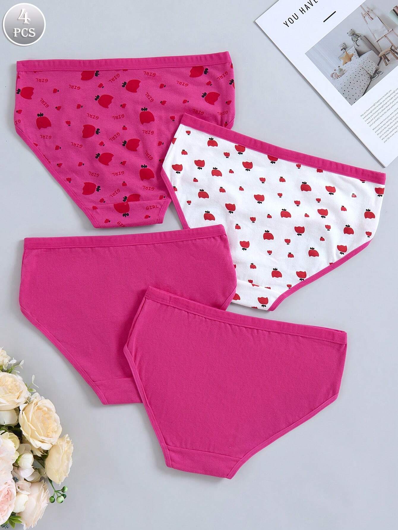 4pcs Women's Red Letter Print Triangle Underwear