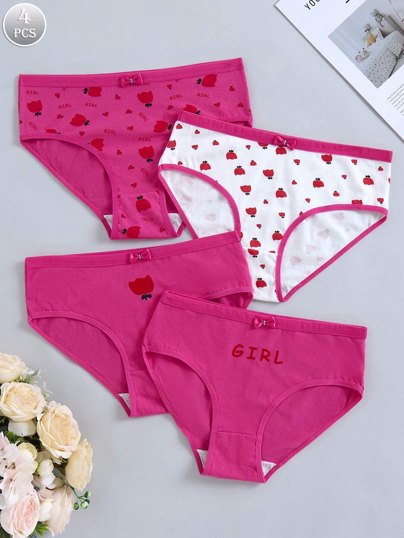 4pcs Women's Red Letter Print Triangle Underwear Multicolor