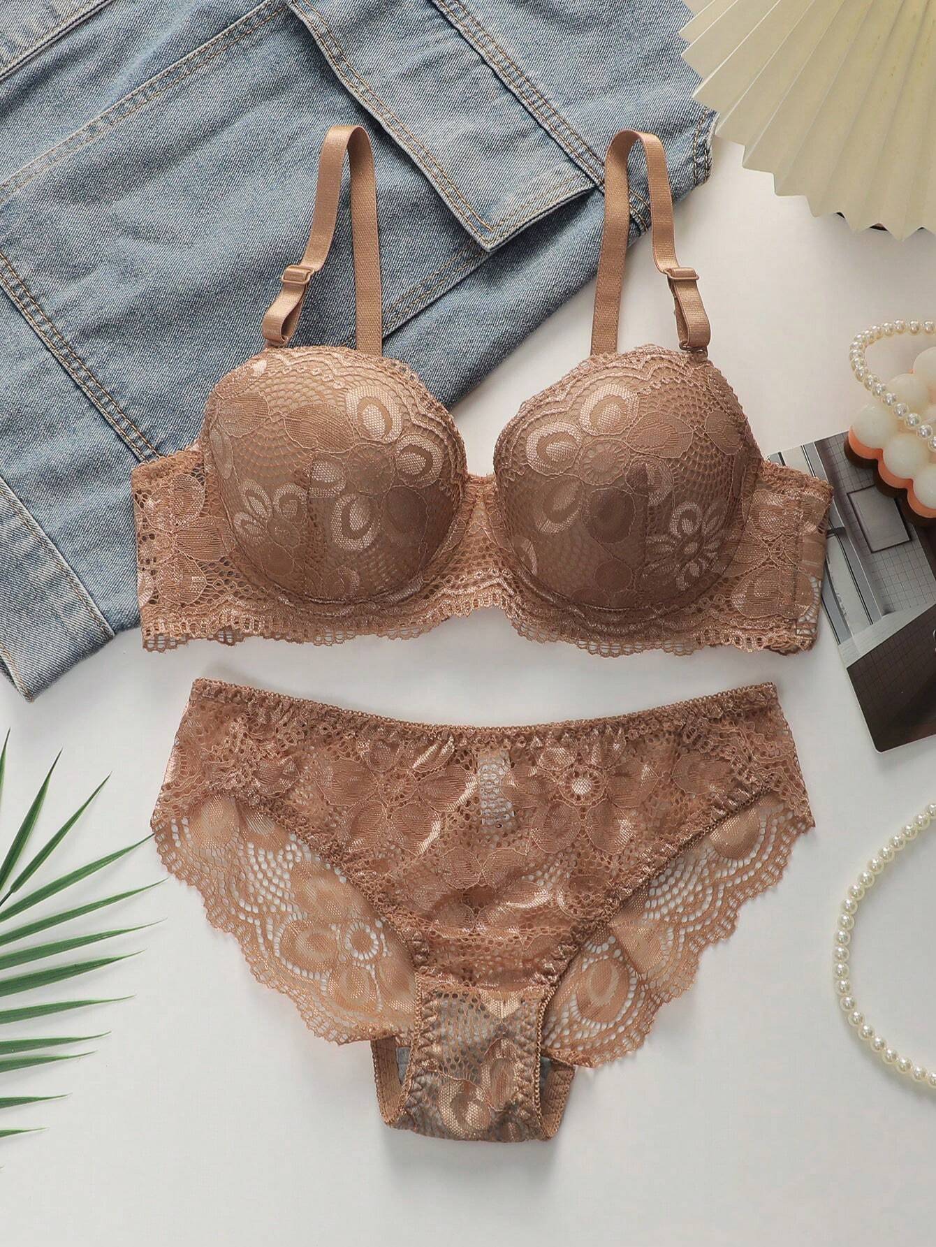 Floral Lace Underwire Bra & Panty Lingerie Set Coffee Brown