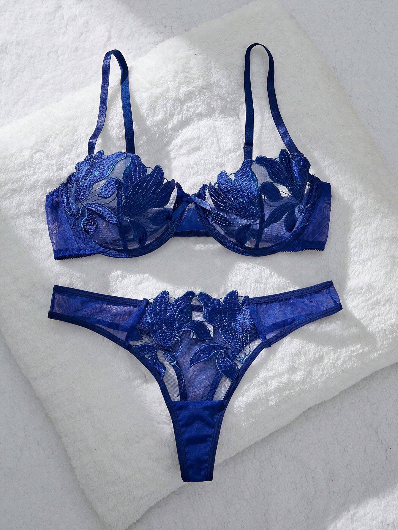 2pcs/Set Women Solid Mesh Contrast Romantic Floral Maple Leaf Sexy Lingerie Set Blue