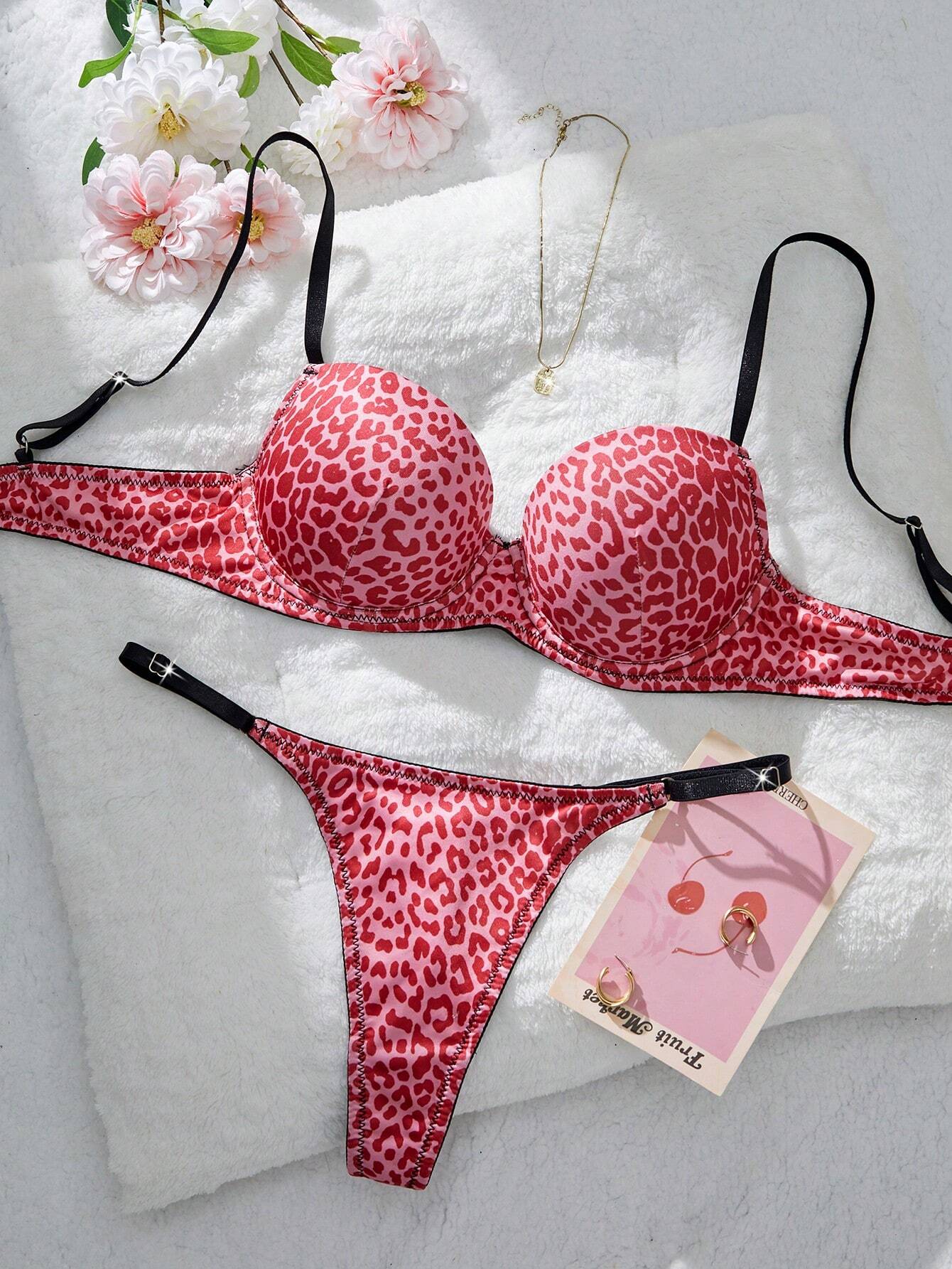 Eraneu 2pcs Women's Fashionable Cow Print Lingerie Set Hot Pink