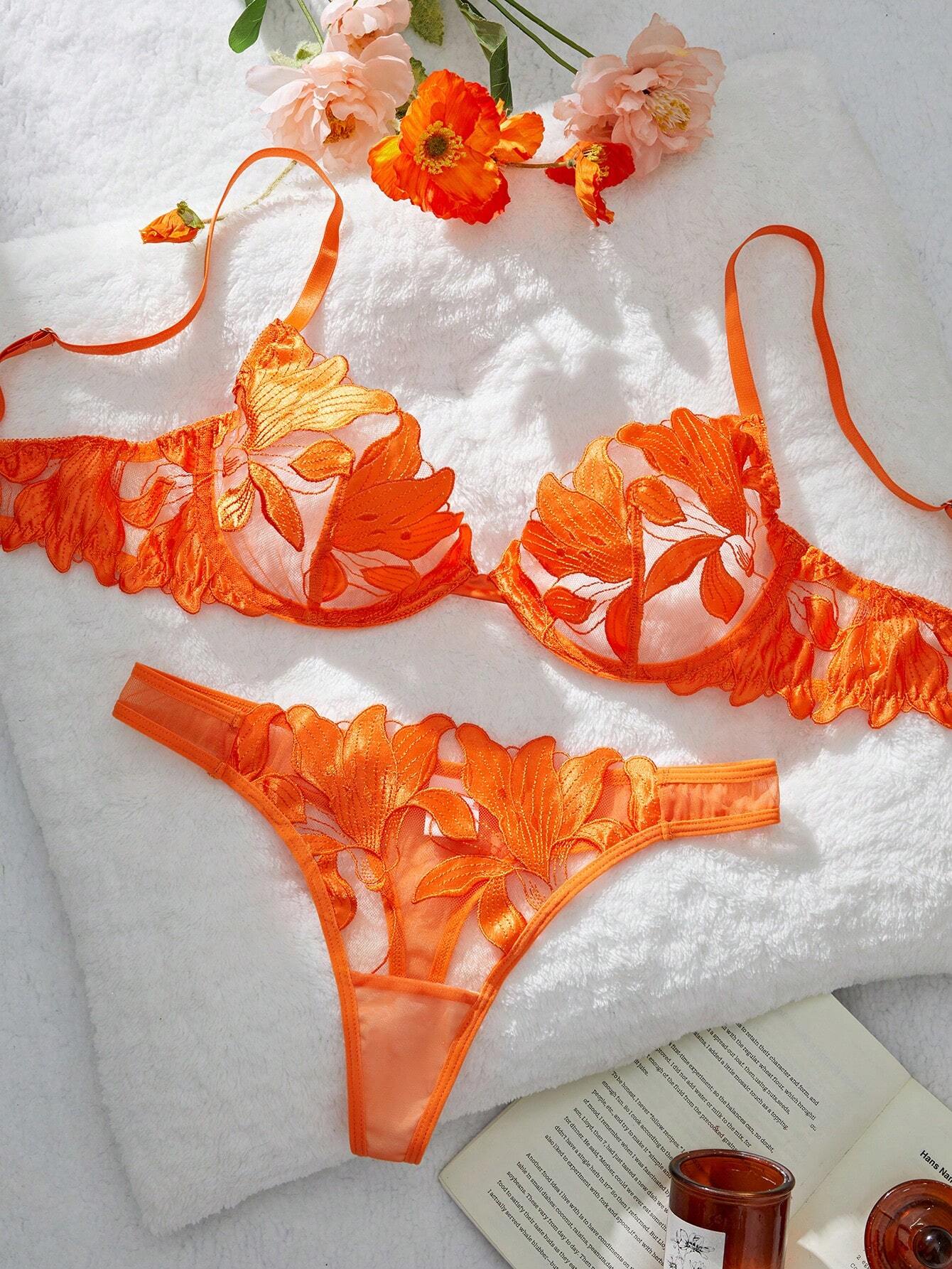 2pcs Maple Leaf Embroidery Mesh Lingerie Set